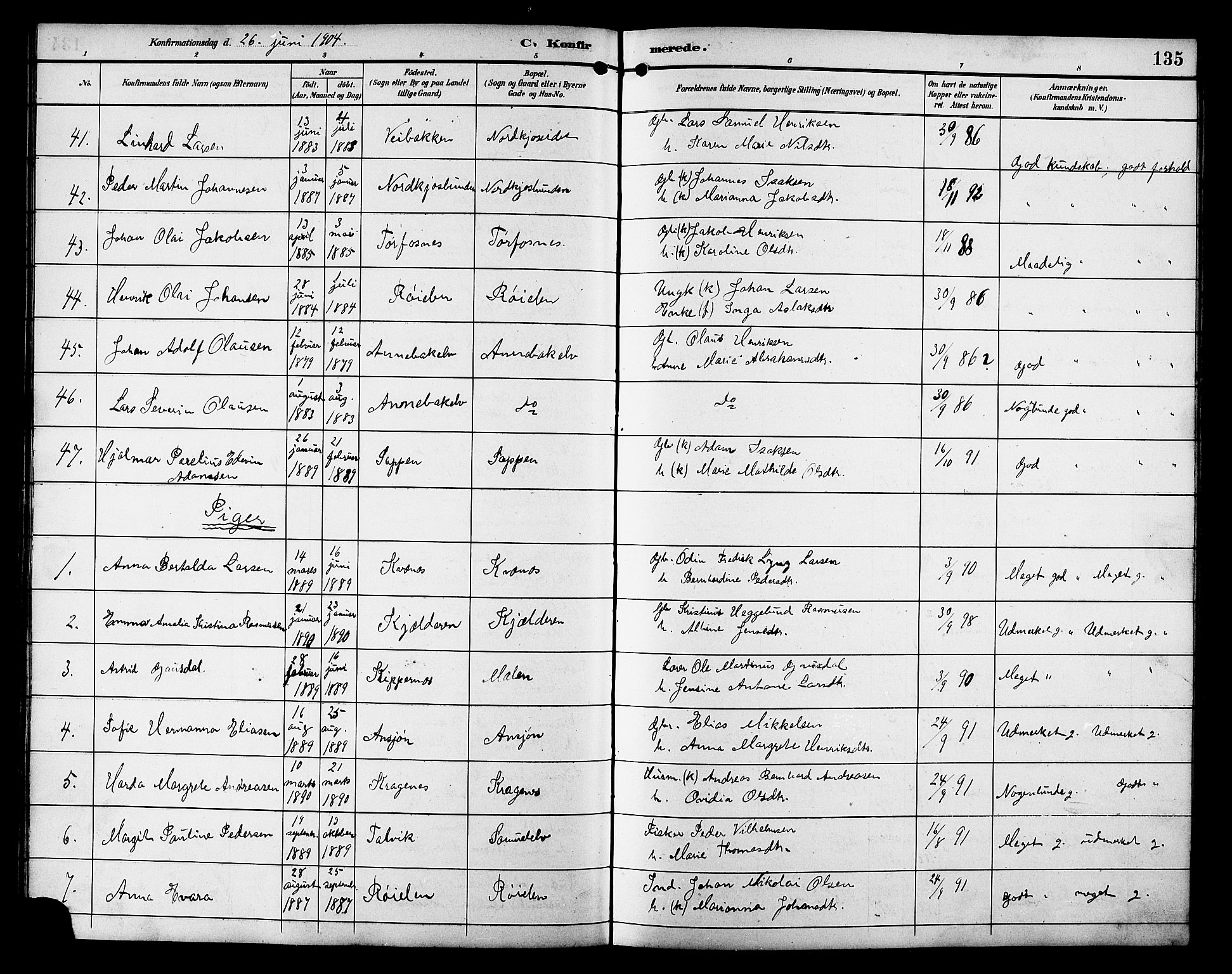 Skjervøy sokneprestkontor, AV/SATØ-S-1300/H/Ha/Hab/L0021klokker: Klokkerbok nr. 21, 1893-1910, s. 135