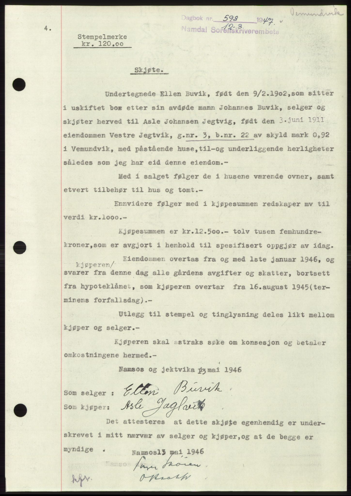 Namdal sorenskriveri, SAT/A-4133/1/2/2C: Pantebok nr. -, 1946-1947, Dagboknr: 598/1947