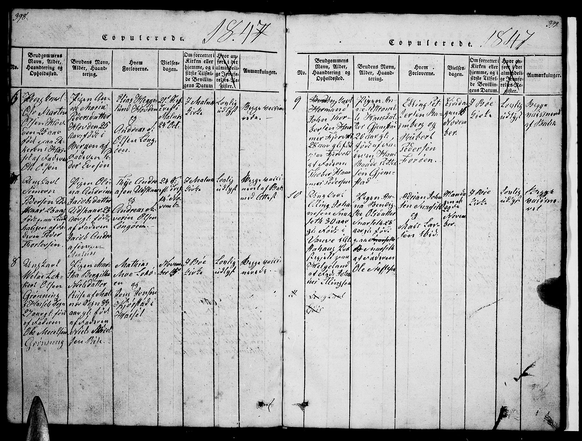 Ministerialprotokoller, klokkerbøker og fødselsregistre - Nordland, AV/SAT-A-1459/891/L1312: Klokkerbok nr. 891C01, 1820-1856, s. 398-399