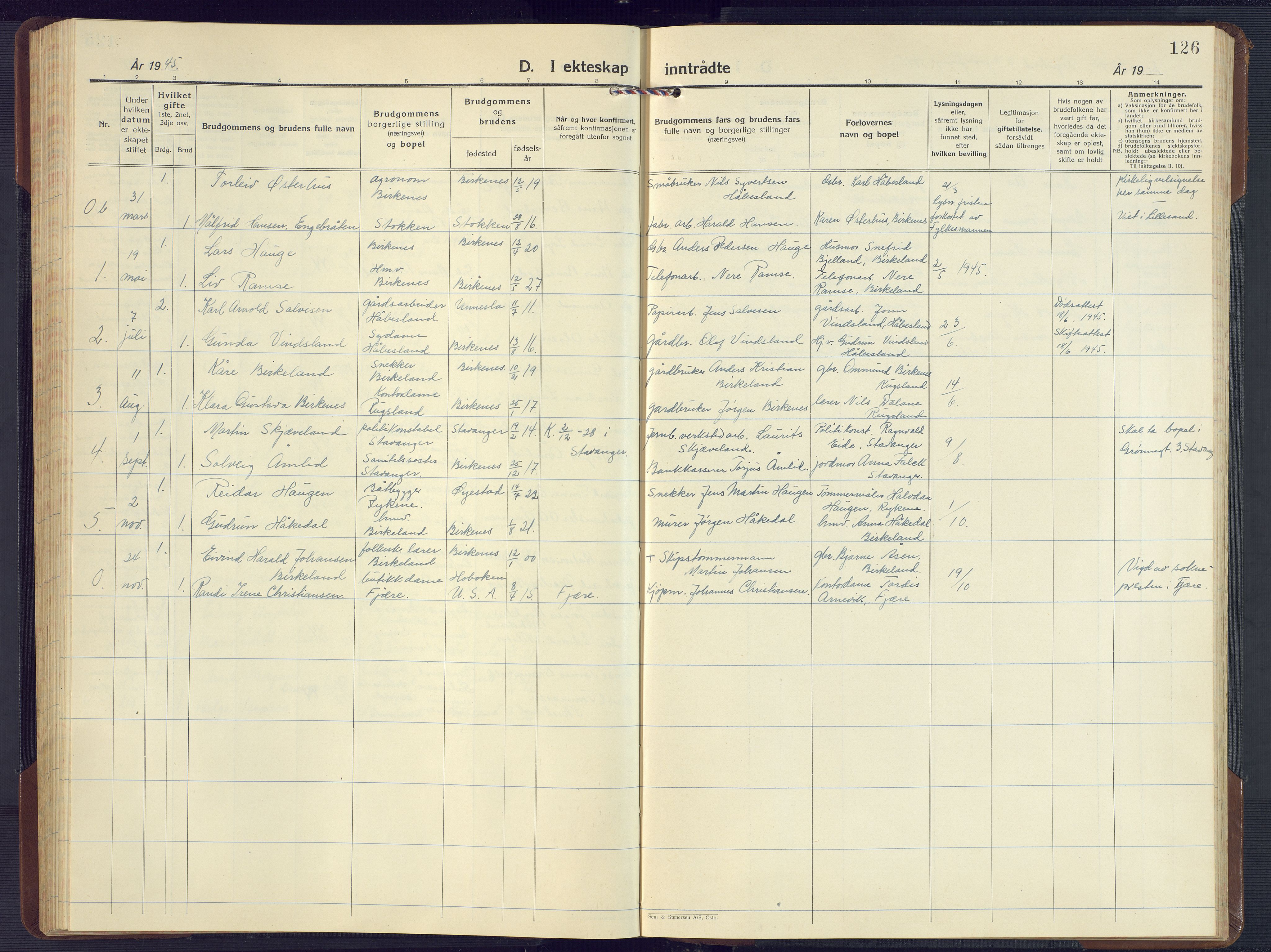 Birkenes sokneprestkontor, AV/SAK-1111-0004/F/Fb/L0005: Klokkerbok nr. B 5, 1930-1957, s. 126