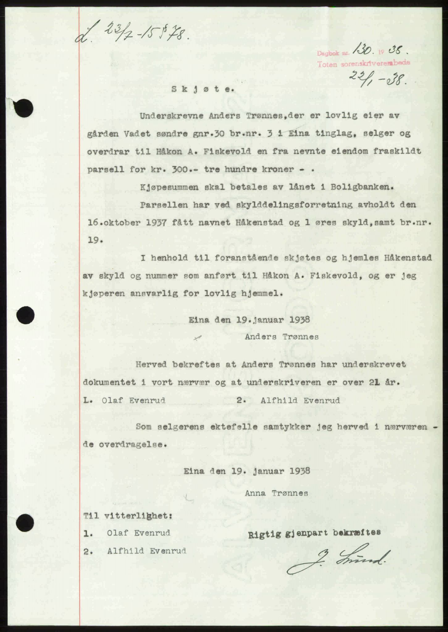 Toten tingrett, SAH/TING-006/H/Hb/Hbc/L0003: Pantebok nr. Hbc-03, 1937-1938, Dagboknr: 130/1938