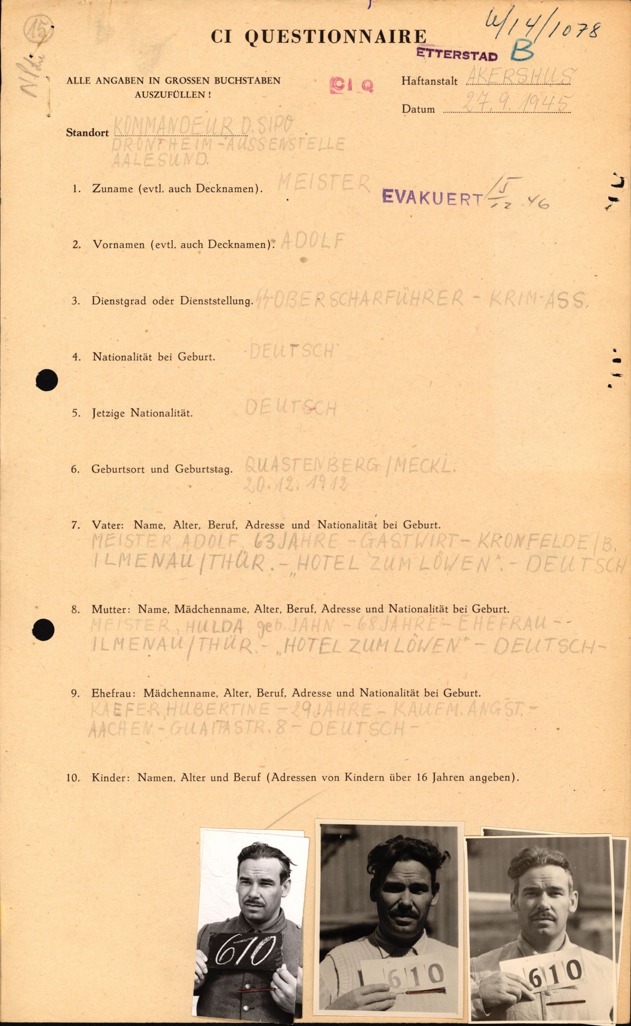 Forsvaret, Forsvarets overkommando II, AV/RA-RAFA-3915/D/Db/L0021: CI Questionaires. Tyske okkupasjonsstyrker i Norge. Tyskere., 1945-1946, s. 350