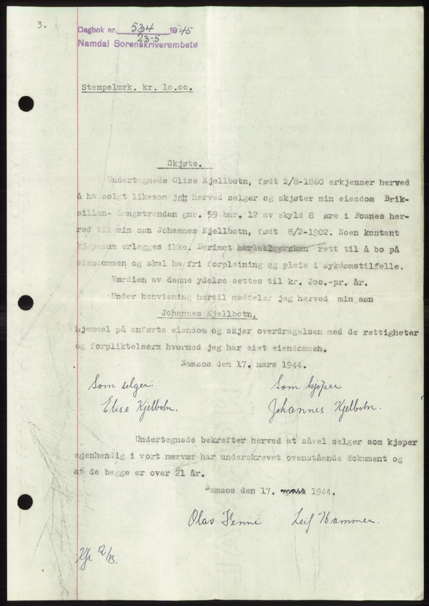 Namdal sorenskriveri, SAT/A-4133/1/2/2C: Pantebok nr. -, 1944-1945, Dagboknr: 534/1945