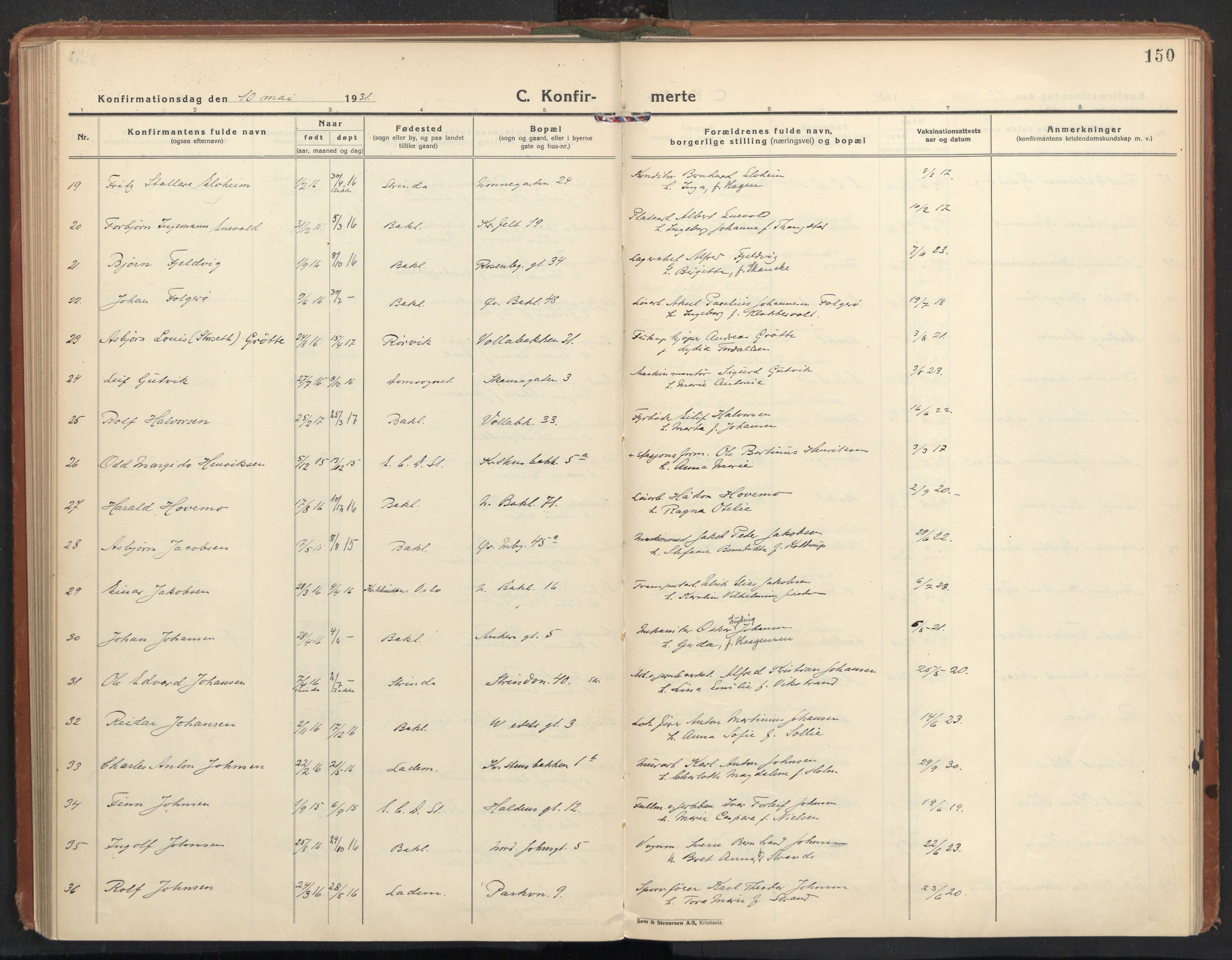 Ministerialprotokoller, klokkerbøker og fødselsregistre - Sør-Trøndelag, SAT/A-1456/604/L0208: Ministerialbok nr. 604A28, 1923-1937, s. 150