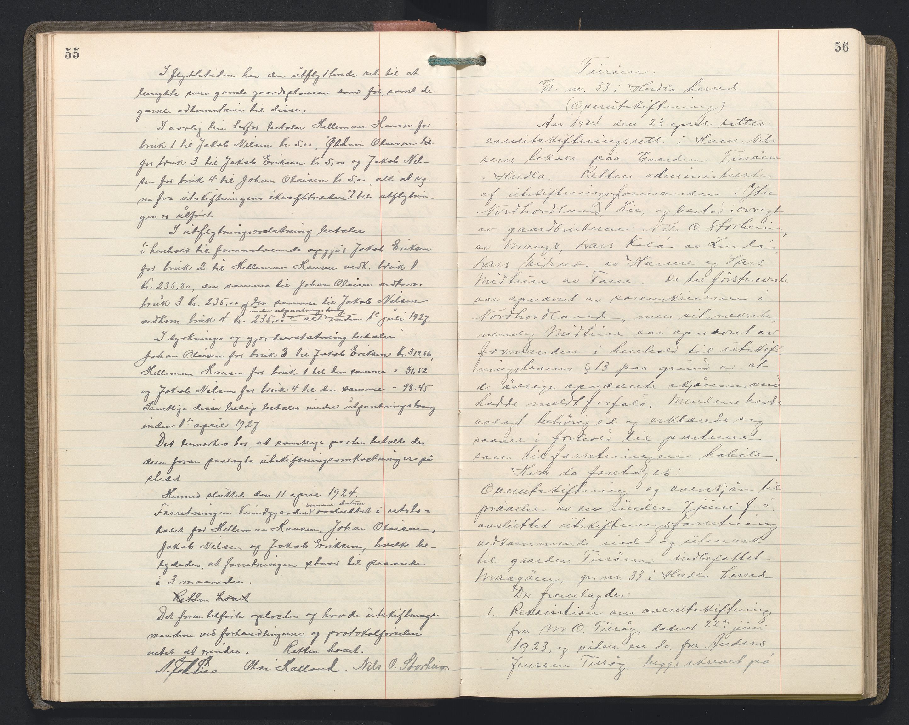 Hordaland jordskiftedøme - II Ytre Nordhordland jordskiftedistrikt, AV/SAB-A-6901/A/Aa/L0034: Forhandlingsprotokoll, 1923-1925, s. 55-56