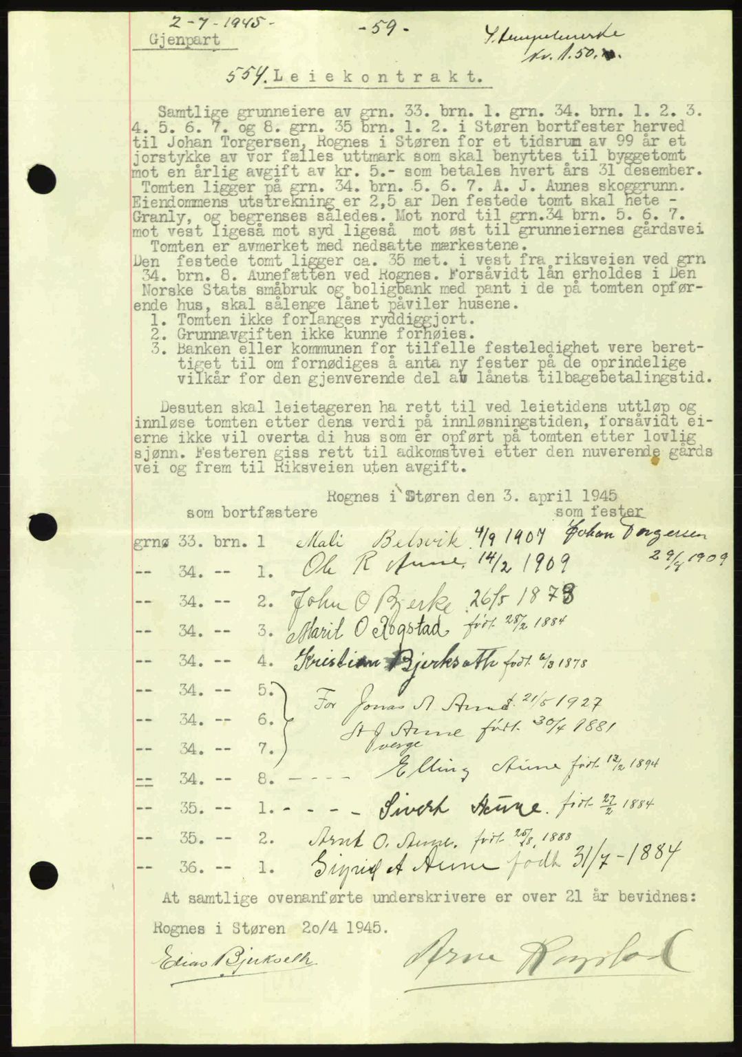 Gauldal sorenskriveri, SAT/A-0014/1/2/2C: Pantebok nr. A1a, 1945-1945, Dagboknr: 554/1945