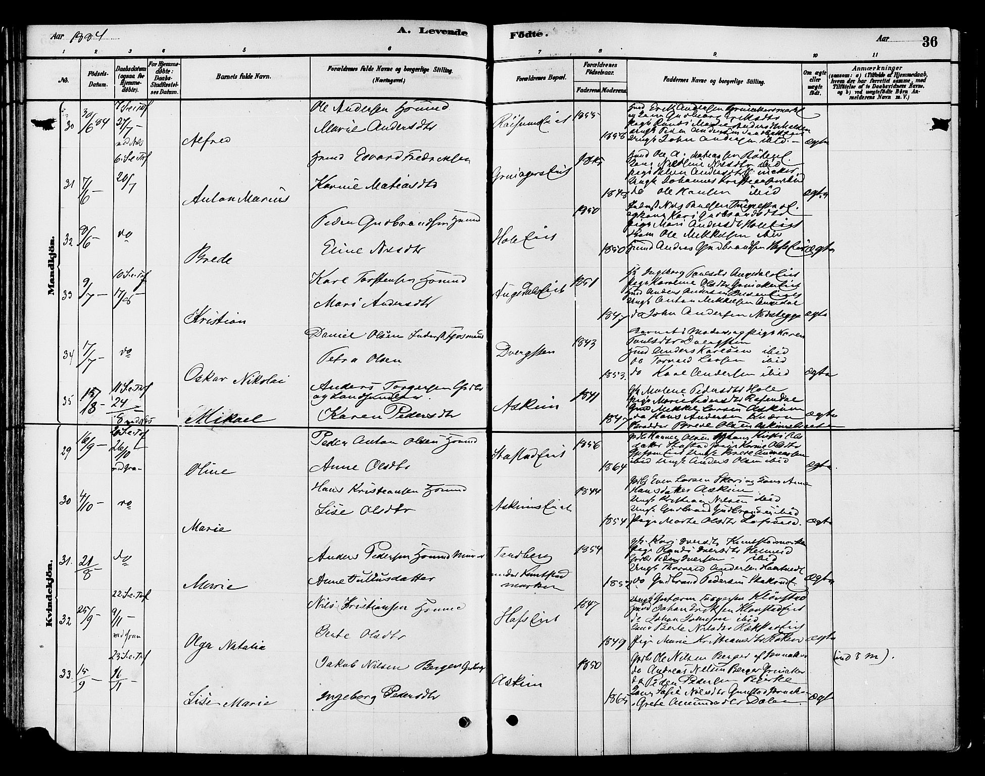 Gran prestekontor, SAH/PREST-112/H/Ha/Haa/L0016: Ministerialbok nr. 16, 1880-1888, s. 36