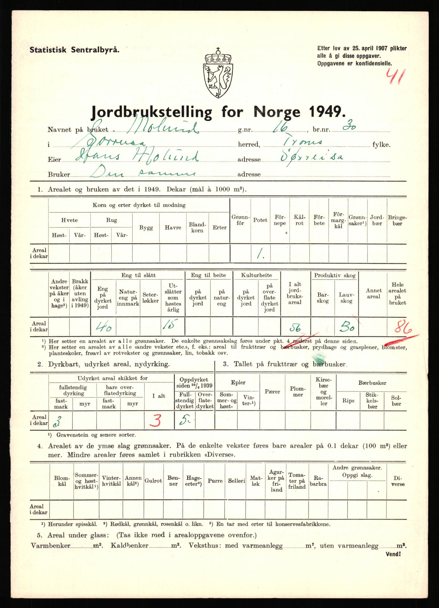 Statistisk sentralbyrå, Næringsøkonomiske emner, Jordbruk, skogbruk, jakt, fiske og fangst, AV/RA-S-2234/G/Gc/L0440: Troms: Sørreisa og Dyrøy, 1949, s. 652