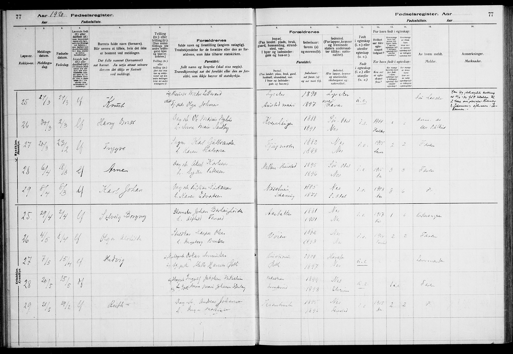 Nes prestekontor Kirkebøker, AV/SAO-A-10410/J/Ja/L0001: Fødselsregister nr. 1, 1916-1926, s. 77