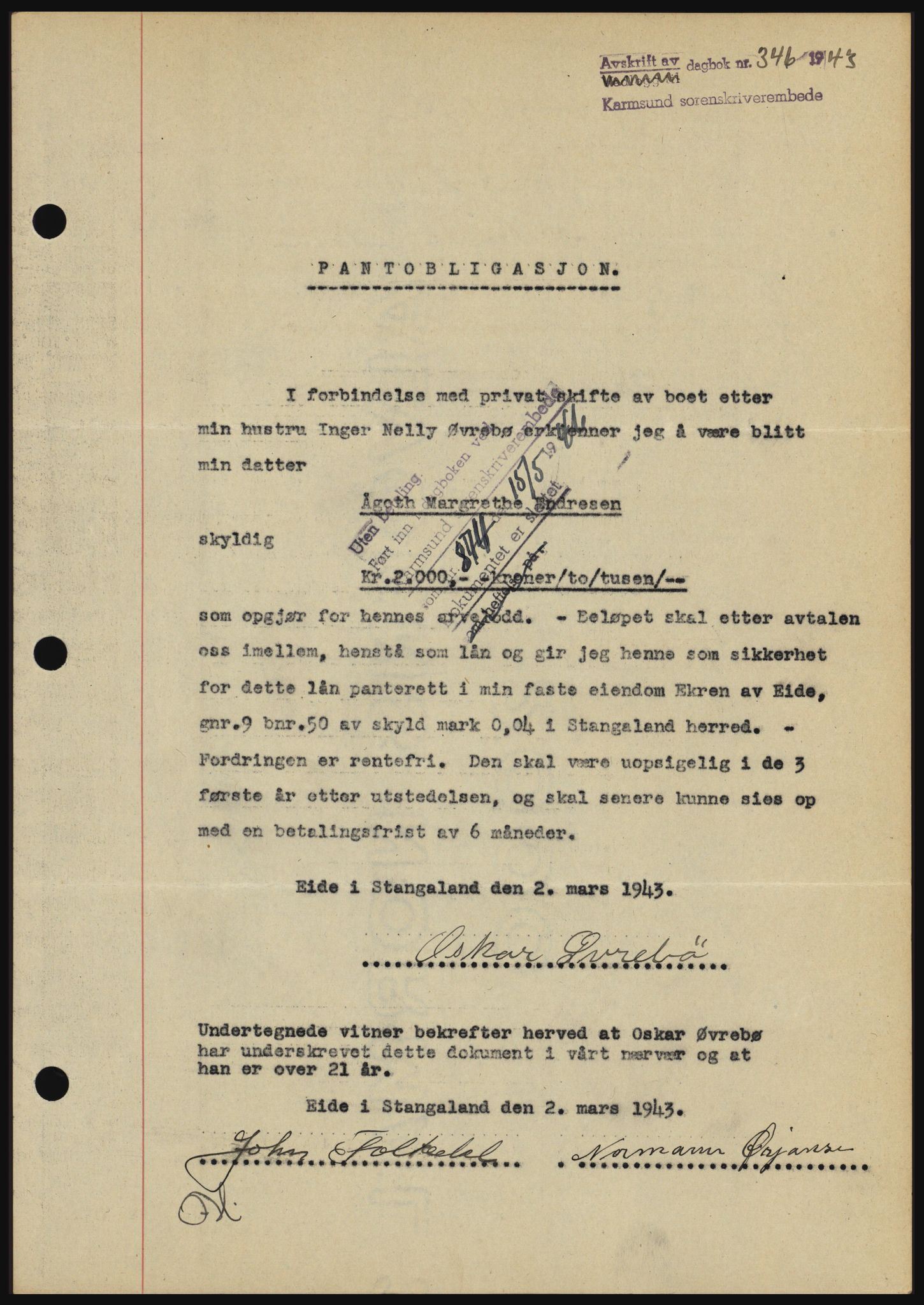 Karmsund sorenskriveri, SAST/A-100311/01/II/IIBBE/L0008: Pantebok nr. B 54, 1942-1943, Dagboknr: 346/1943