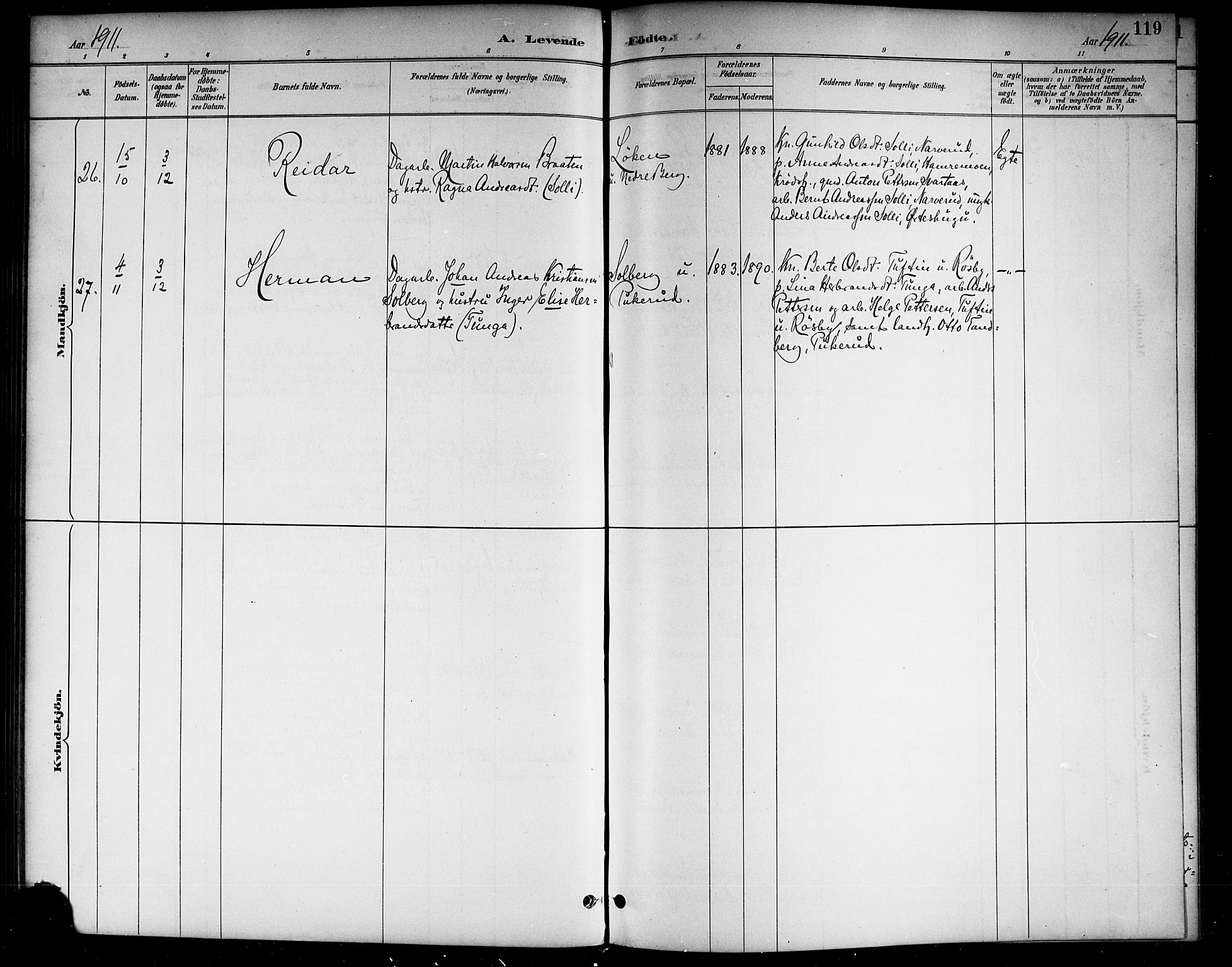 Lunder kirkebøker, AV/SAKO-A-629/G/Ga/L0004: Klokkerbok nr. I 4, 1889-1917, s. 119