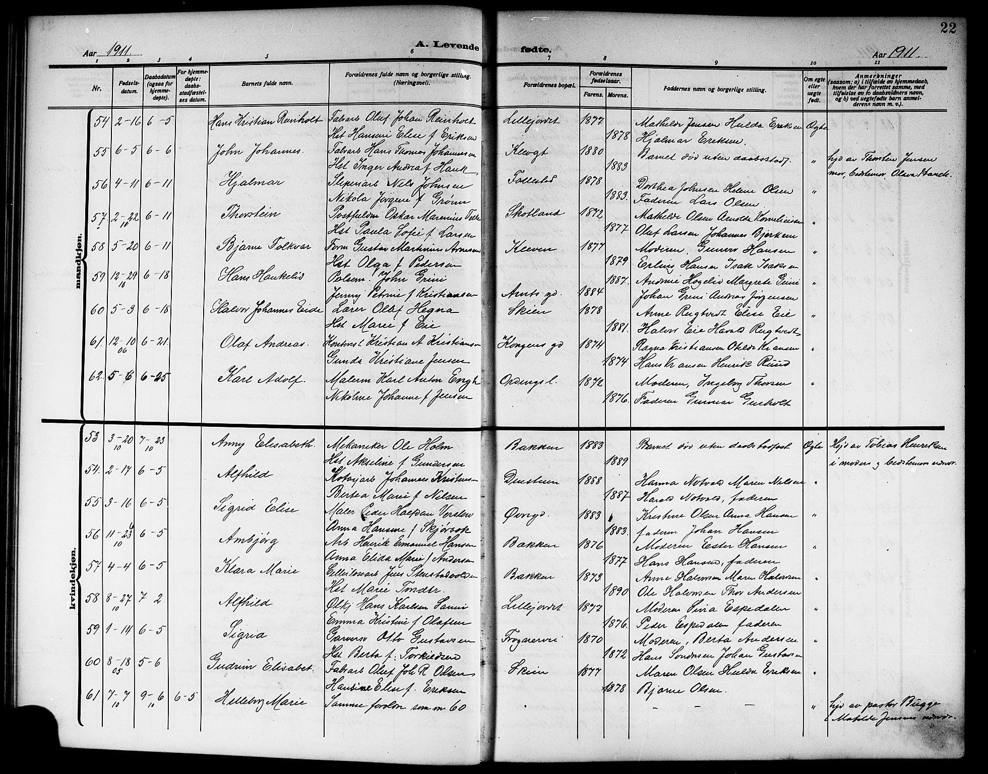 Skien kirkebøker, AV/SAKO-A-302/G/Ga/L0009: Klokkerbok nr. 9, 1910-1920, s. 22