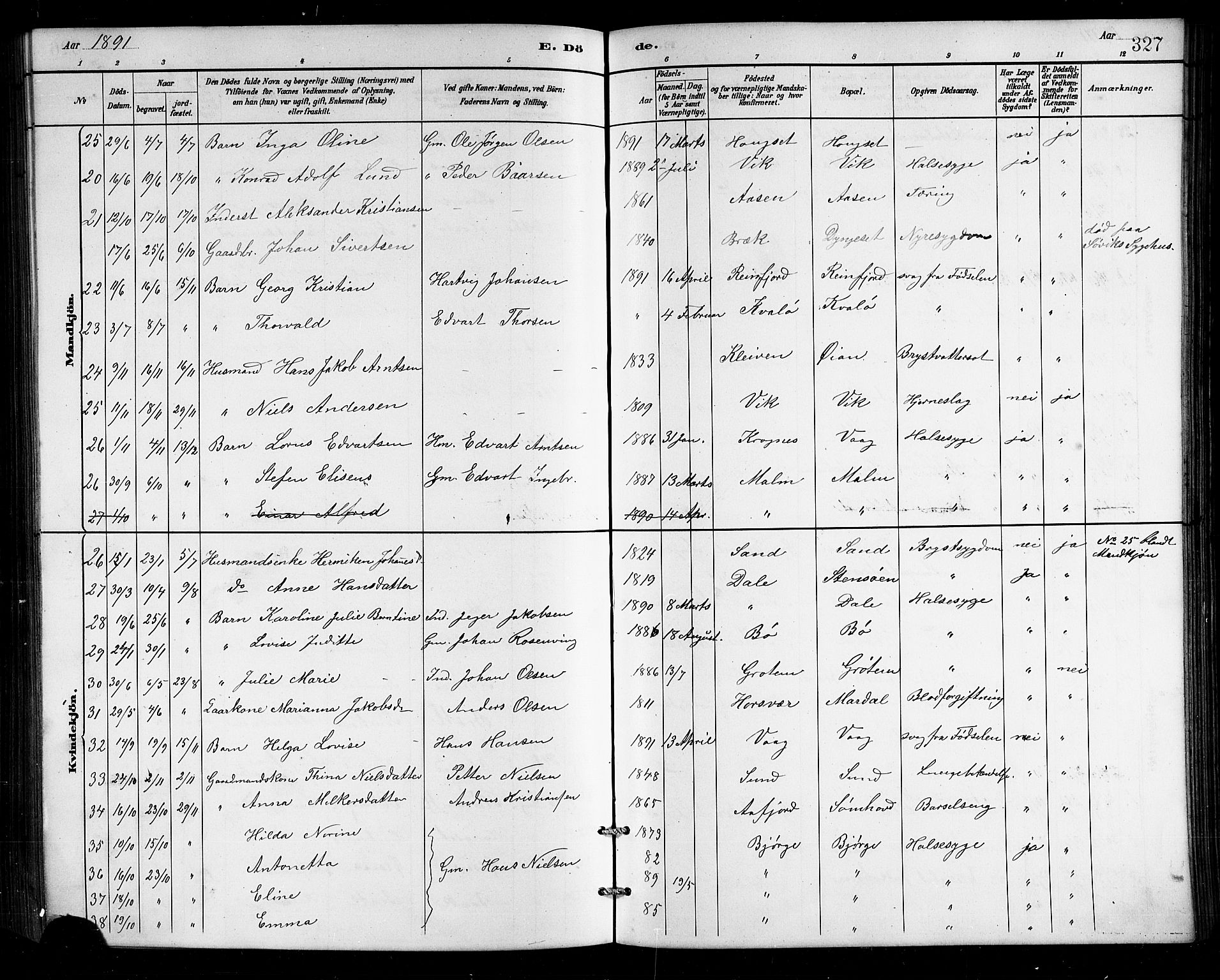 Ministerialprotokoller, klokkerbøker og fødselsregistre - Nordland, SAT/A-1459/812/L0188: Klokkerbok nr. 812C06, 1884-1912, s. 327