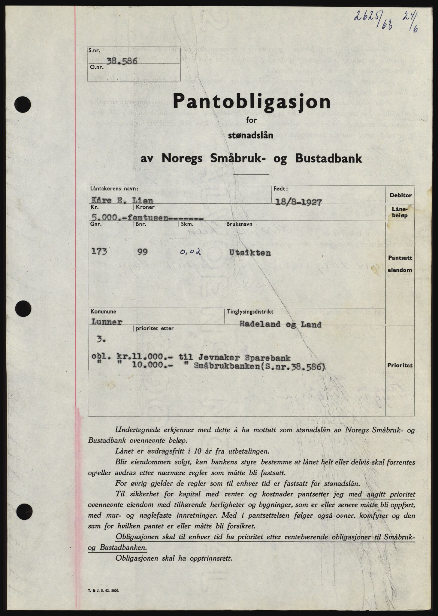 Hadeland og Land tingrett, SAH/TING-010/H/Hb/Hbc/L0052: Pantebok nr. B52, 1963-1963, Dagboknr: 2625/1963