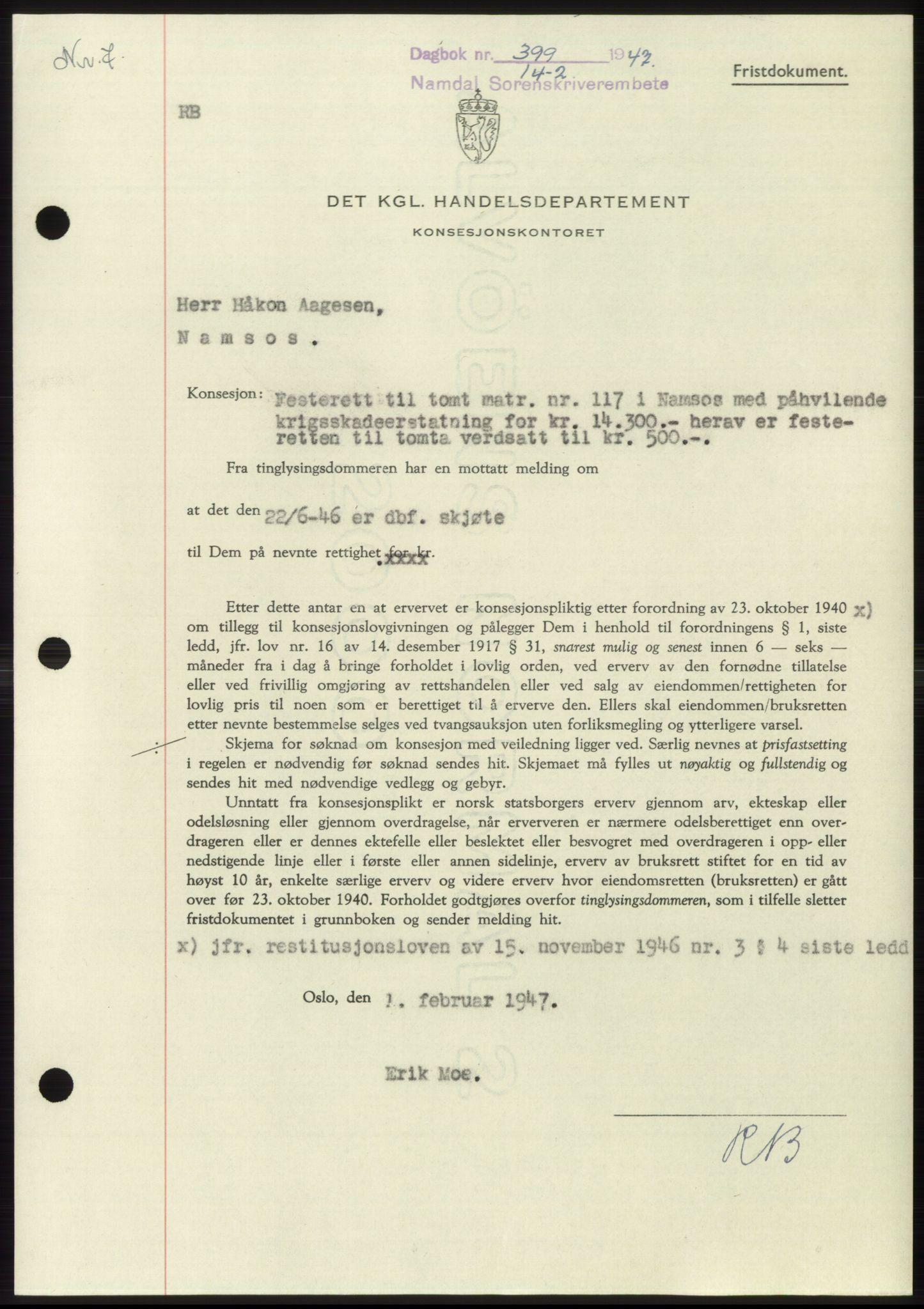 Namdal sorenskriveri, SAT/A-4133/1/2/2C: Pantebok nr. -, 1946-1947, Dagboknr: 399/1947