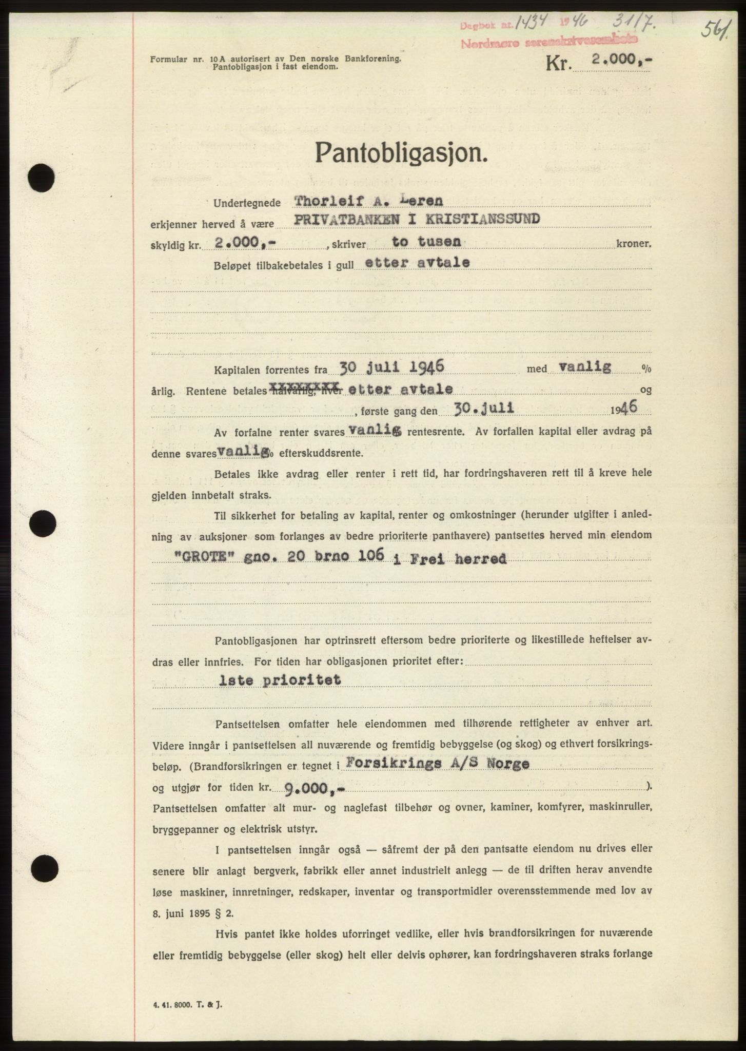 Nordmøre sorenskriveri, AV/SAT-A-4132/1/2/2Ca: Pantebok nr. B94, 1946-1946, Dagboknr: 1434/1946