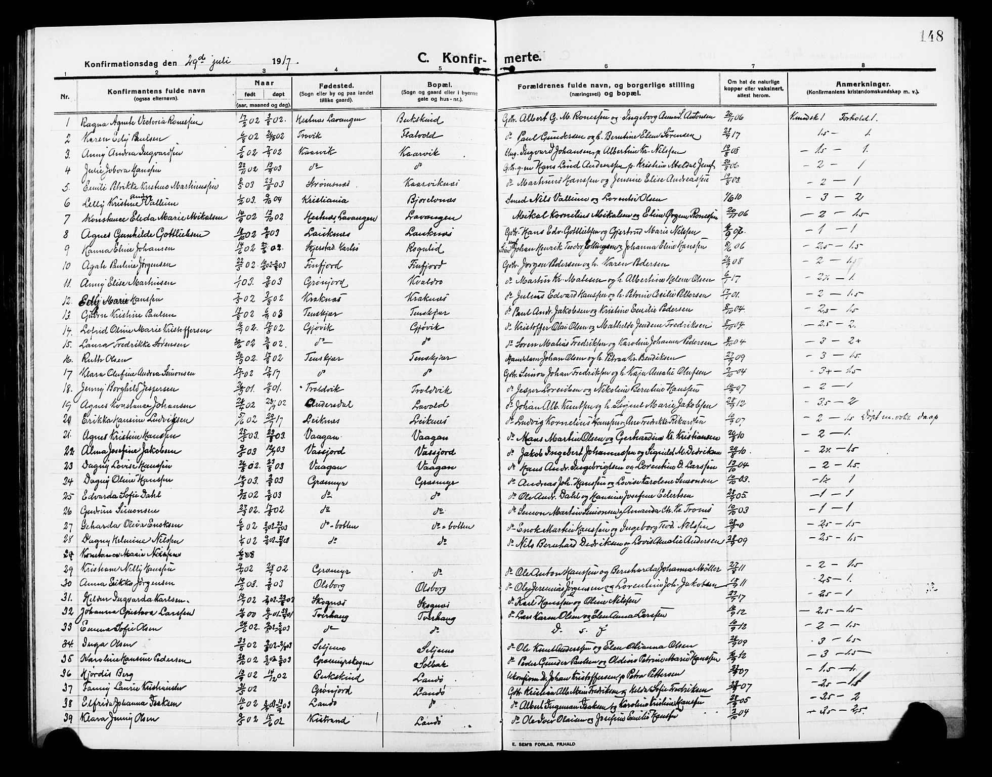 Lenvik sokneprestembete, AV/SATØ-S-1310/H/Ha/Hab/L0009klokker: Klokkerbok nr. 9, 1912-1926, s. 148
