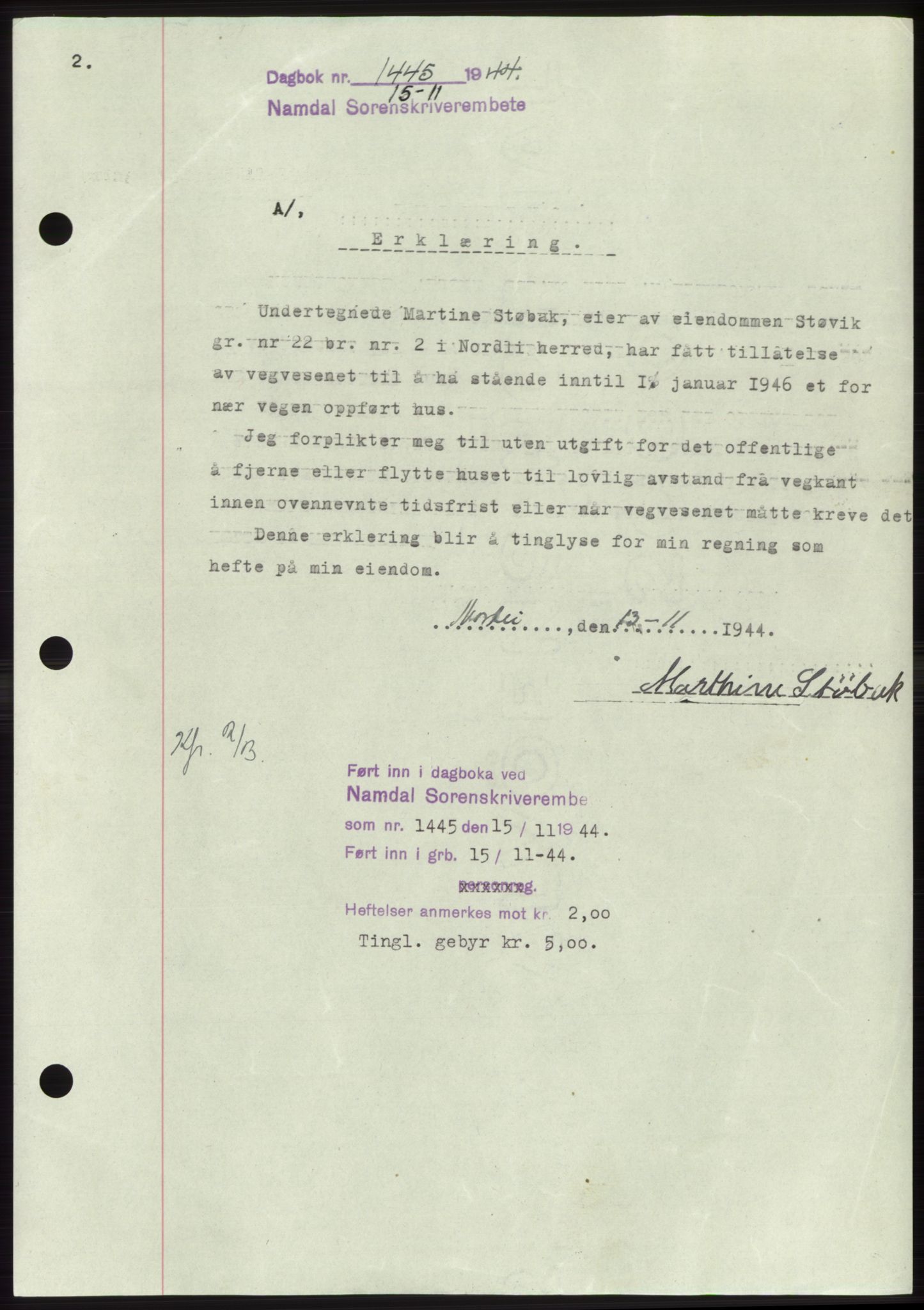 Namdal sorenskriveri, SAT/A-4133/1/2/2C: Pantebok nr. -, 1944-1945, Dagboknr: 1445/1944