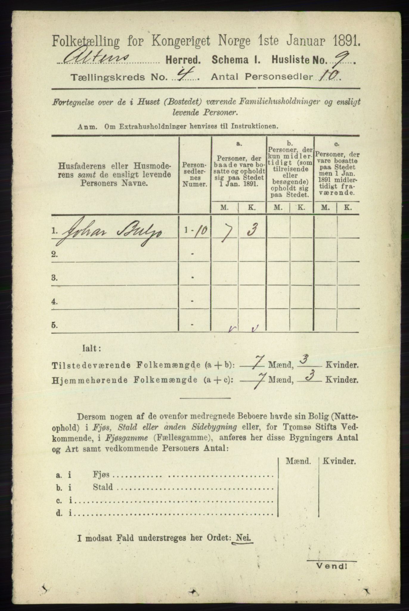 RA, Folketelling 1891 for 2012 Alta herred, 1891, s. 1319