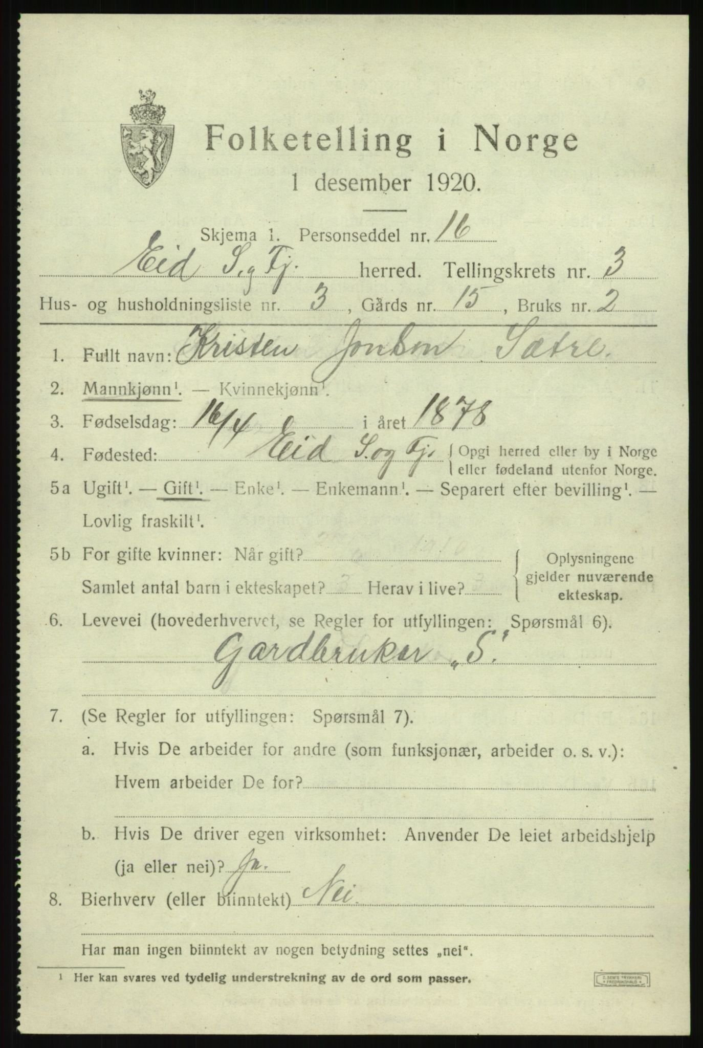 SAB, Folketelling 1920 for 1443 Eid herred, 1920, s. 2028