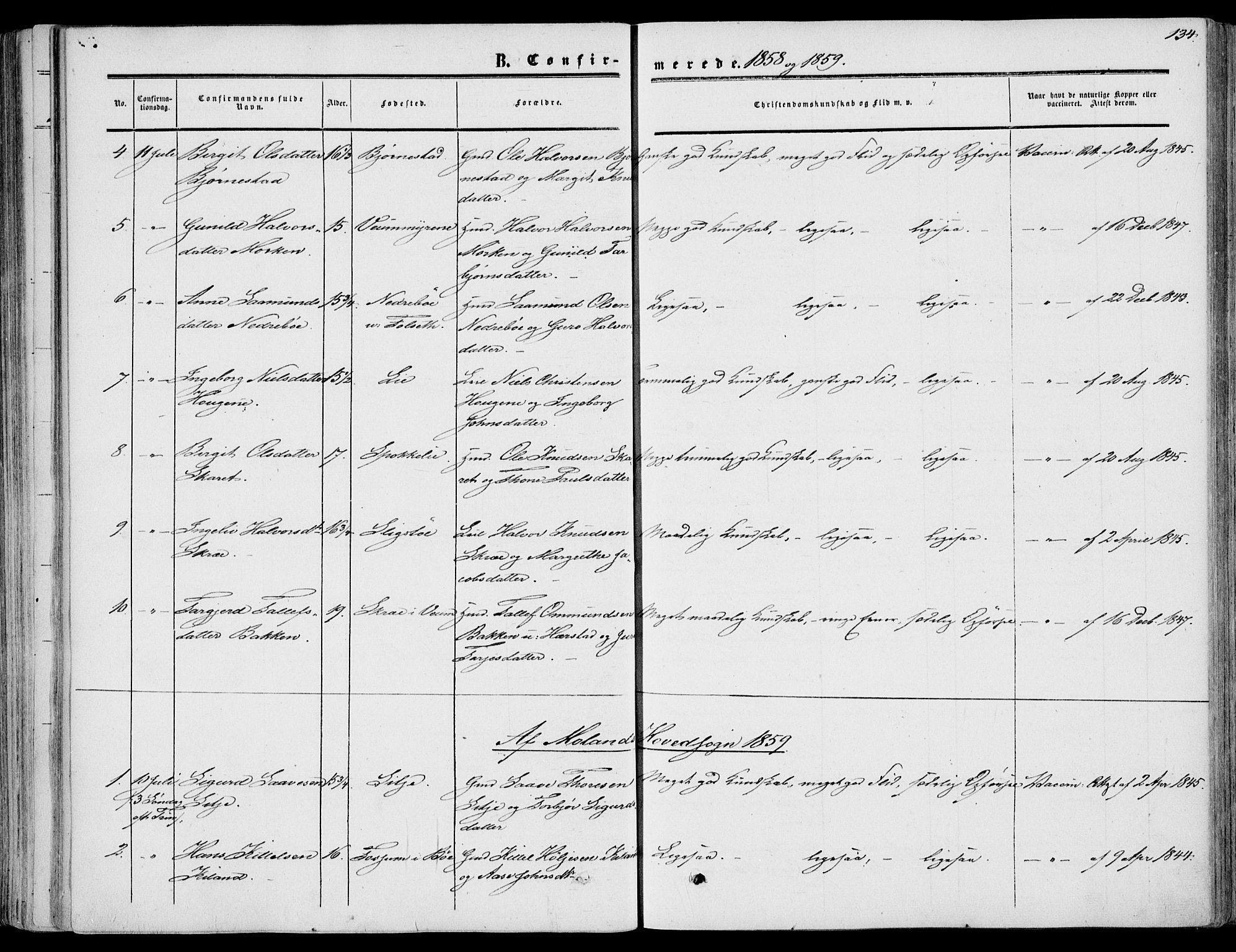 Fyresdal kirkebøker, AV/SAKO-A-263/F/Fa/L0005: Ministerialbok nr. I 5, 1855-1871, s. 134