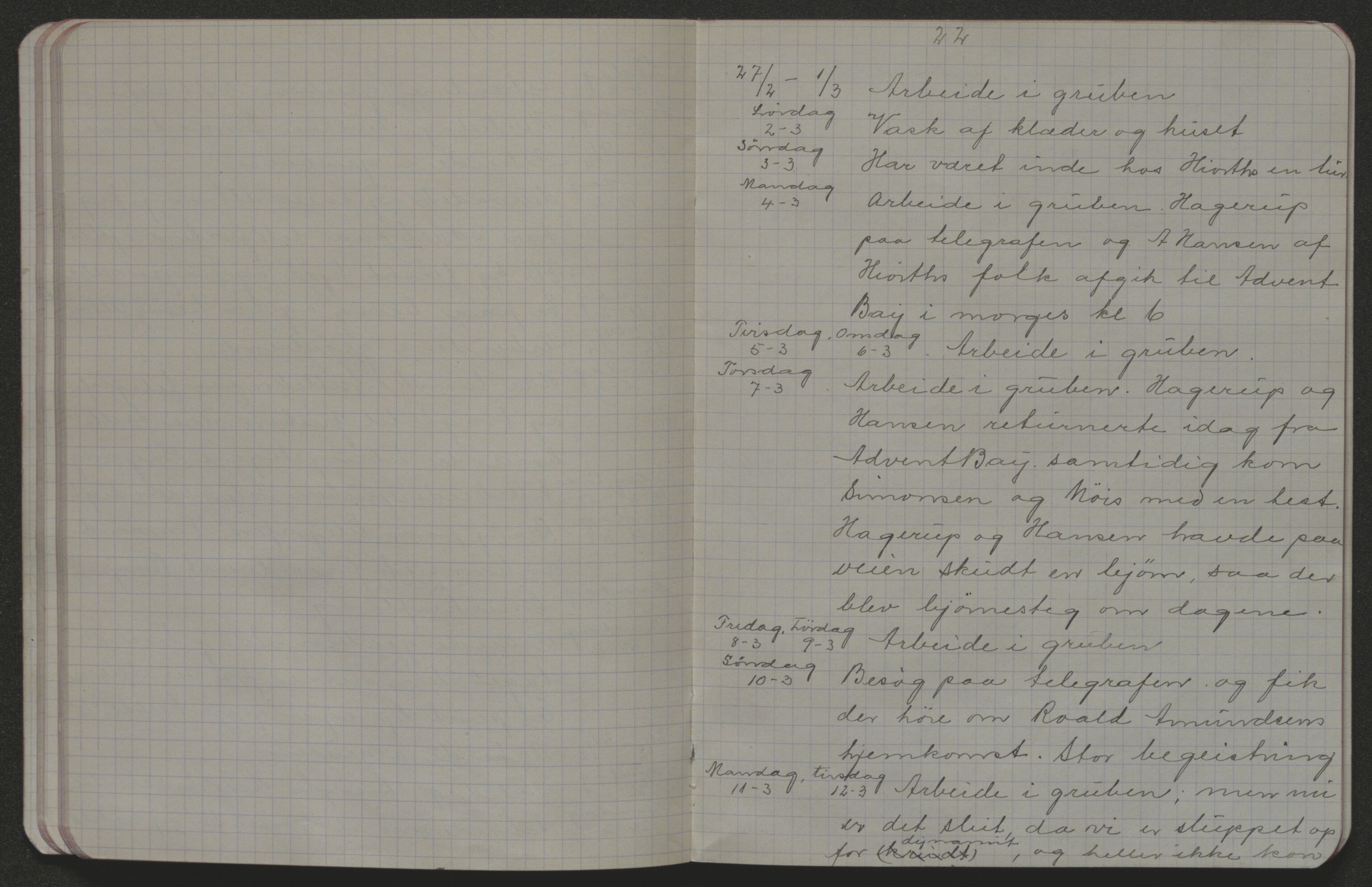 Store Norske Spitsbergen Kulkompani A/S, AV/SATØ-P-0073/01/X15/L0451/0008: Green Harbour / Green Harbour - Green Harbour Coal Co., Chr. Anker, Dagbok for vinteren 1911-1912 (overvintring) av Kr. Jacobsen, 1911-1912, s. 22
