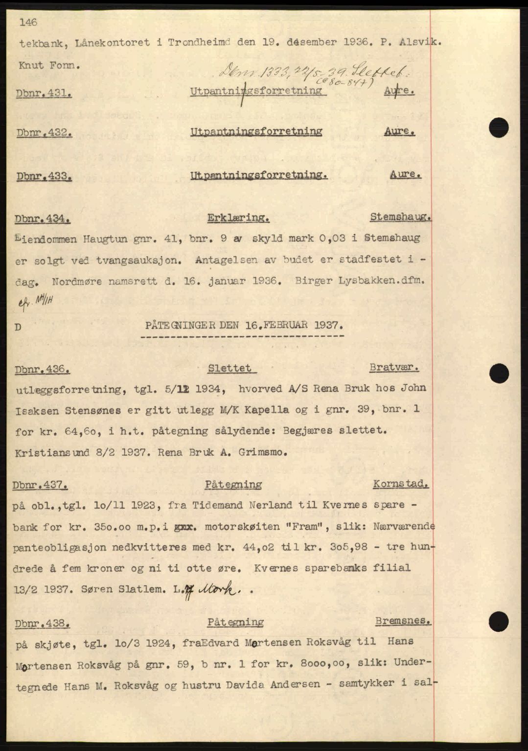 Nordmøre sorenskriveri, SAT/A-4132/1/2/2Ca: Pantebok nr. C80, 1936-1939, Dagboknr: 431/1937
