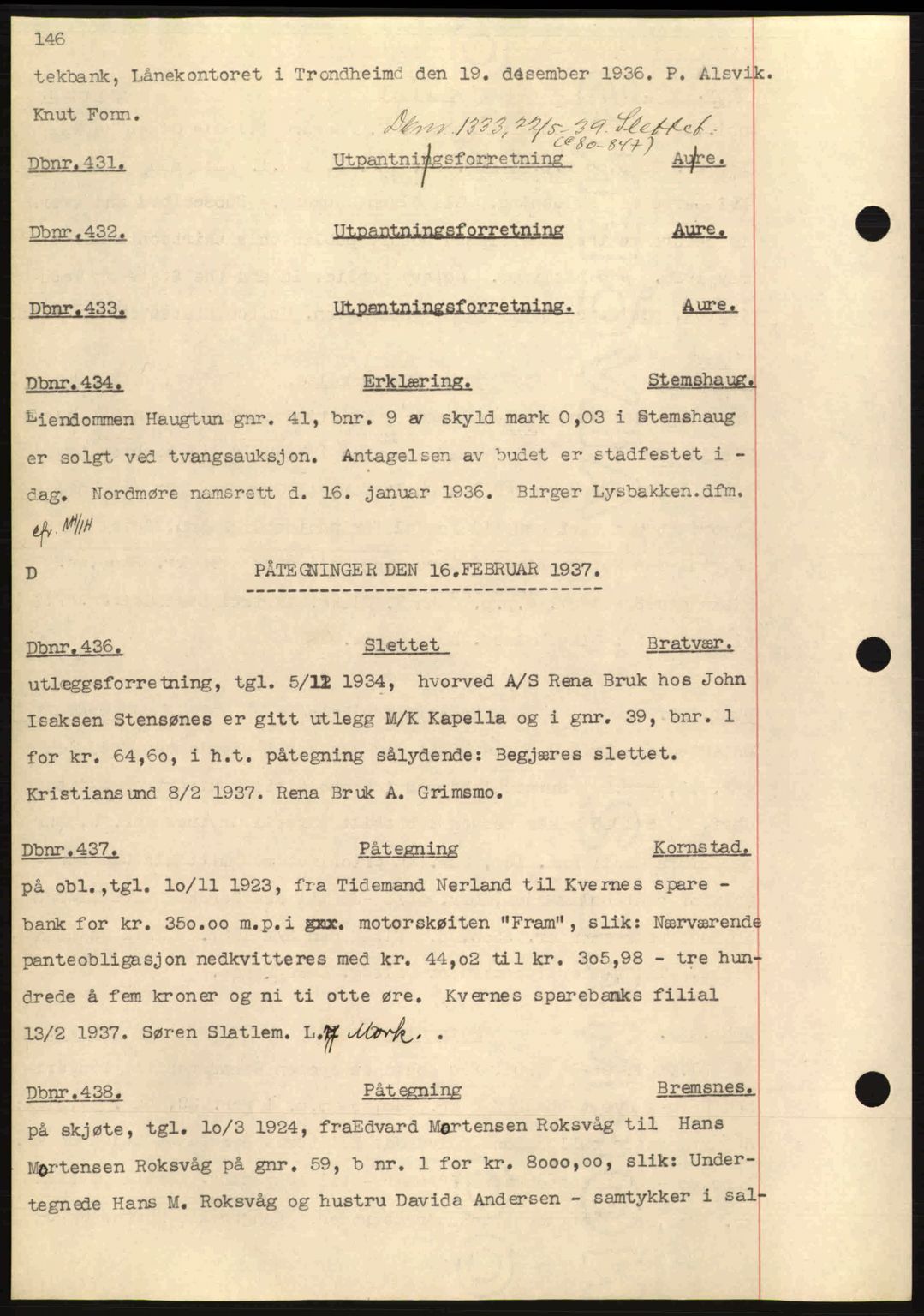 Nordmøre sorenskriveri, AV/SAT-A-4132/1/2/2Ca: Pantebok nr. C80, 1936-1939, Dagboknr: 431/1937