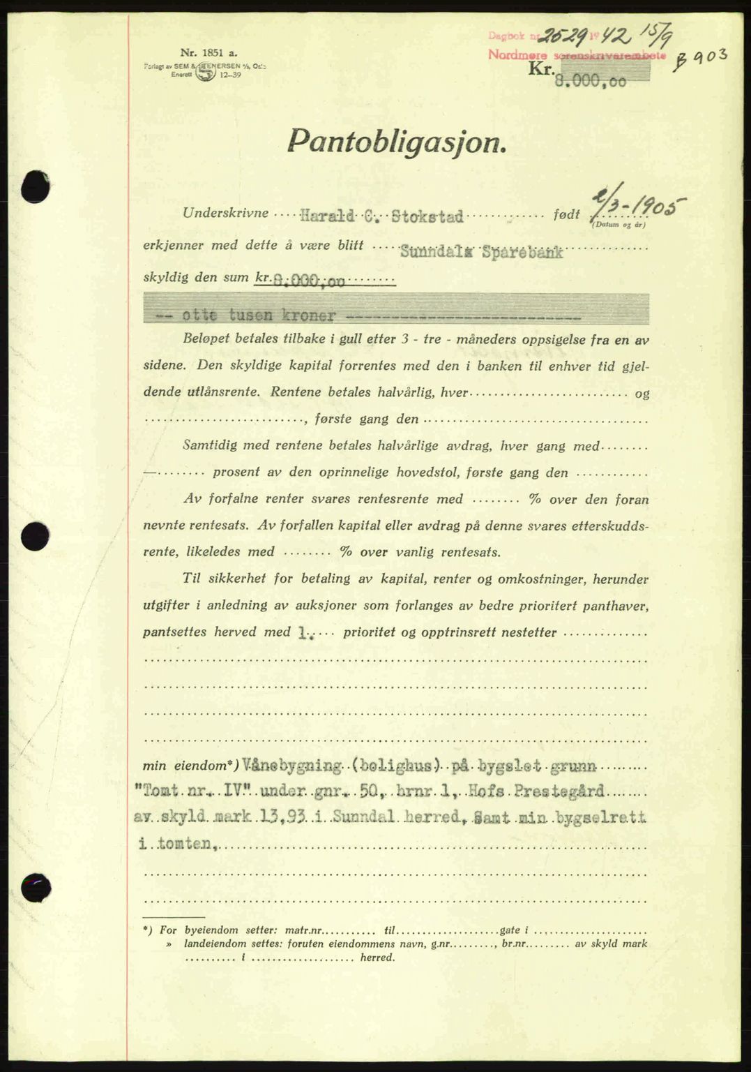 Nordmøre sorenskriveri, AV/SAT-A-4132/1/2/2Ca: Pantebok nr. B89, 1942-1942, Dagboknr: 2529/1942