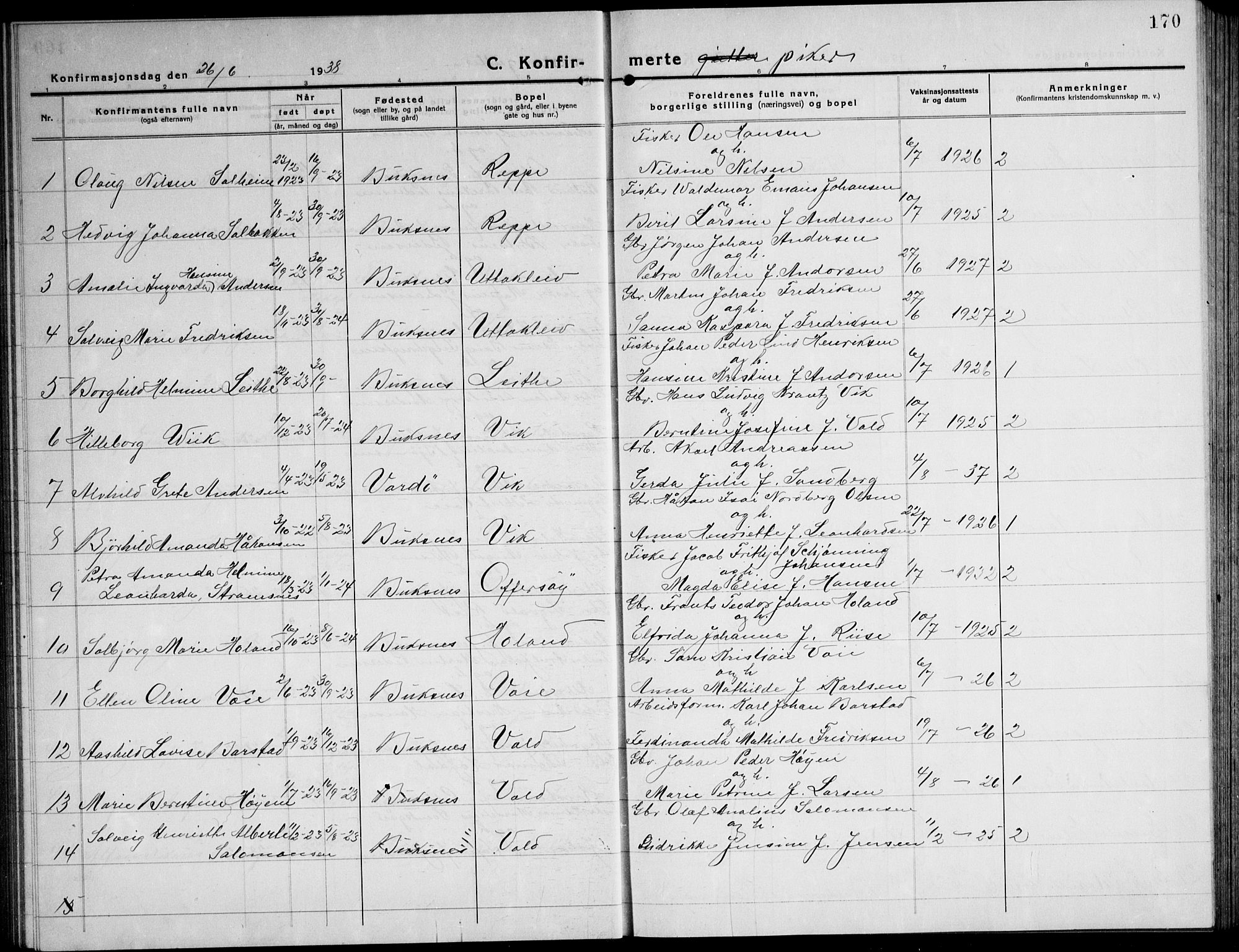 Ministerialprotokoller, klokkerbøker og fødselsregistre - Nordland, AV/SAT-A-1459/881/L1170: Klokkerbok nr. 881C07, 1930-1943, s. 170