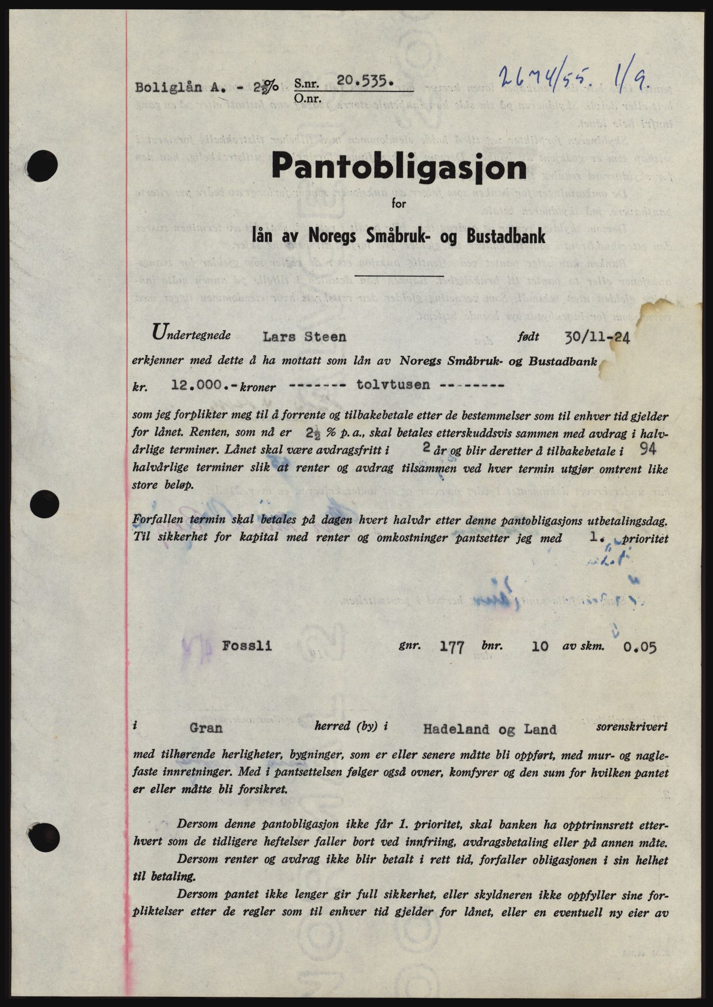 Hadeland og Land tingrett, AV/SAH-TING-010/H/Hb/Hbc/L0032: Pantebok nr. B32, 1955-1955, Dagboknr: 2674/1955