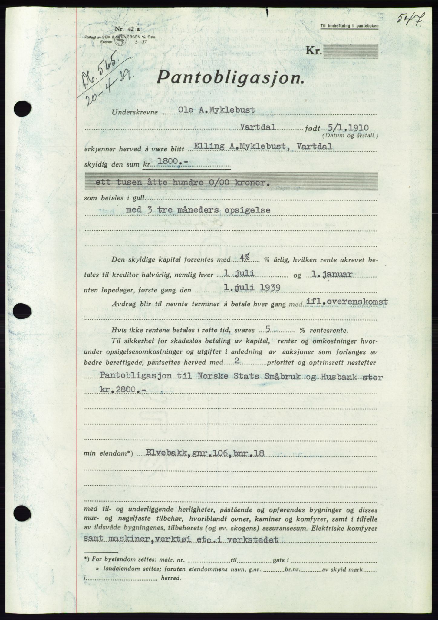 Søre Sunnmøre sorenskriveri, AV/SAT-A-4122/1/2/2C/L0067: Pantebok nr. 61, 1938-1939, Dagboknr: 565/1939