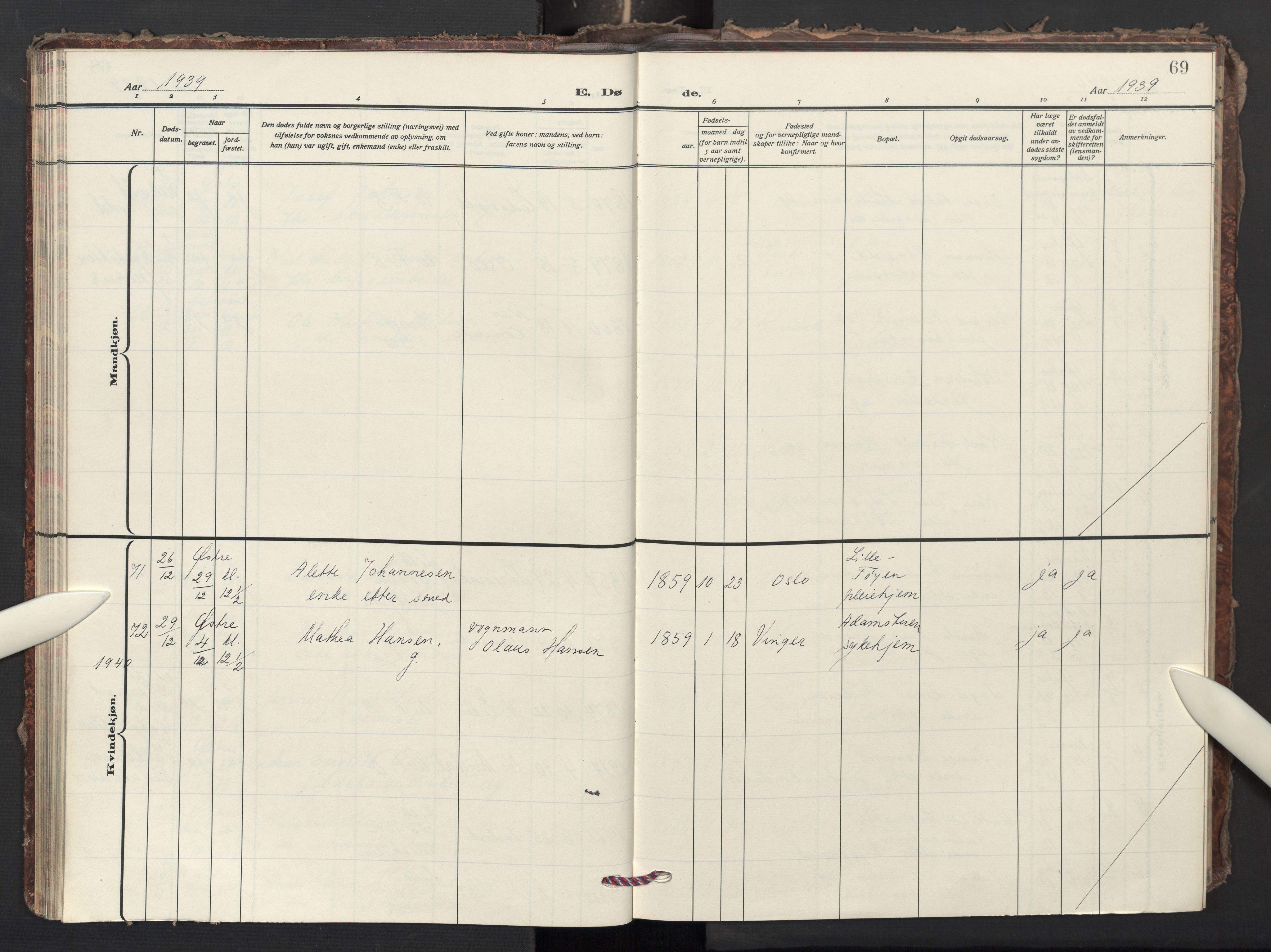 Krohgstøtten sykehusprest Kirkebøker, AV/SAO-A-10854/F/Fa/L0006: Ministerialbok nr. 6, 1935-1951, s. 69