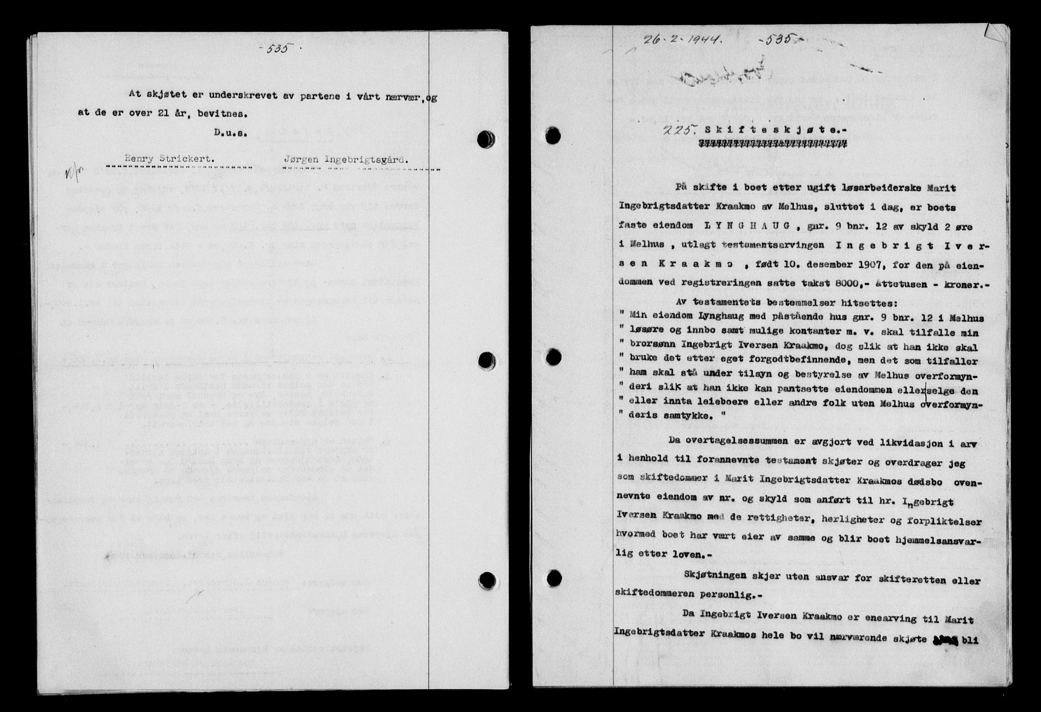 Gauldal sorenskriveri, SAT/A-0014/1/2/2C/L0057: Pantebok nr. 62, 1943-1944, Dagboknr: 225/1944