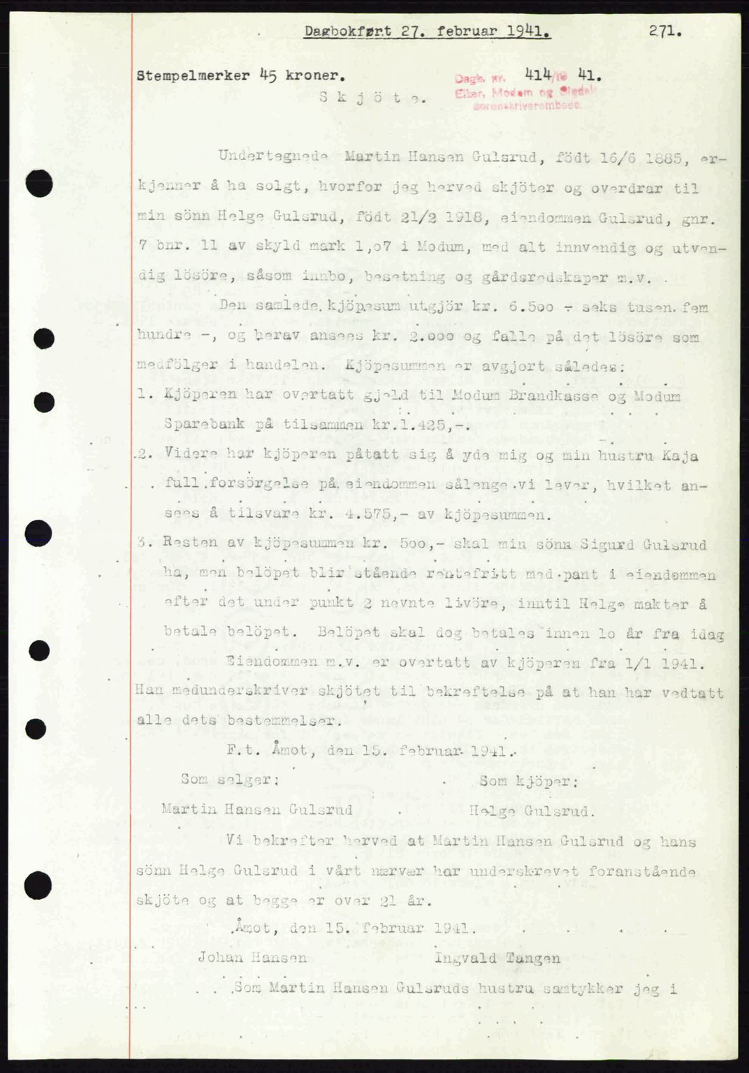 Eiker, Modum og Sigdal sorenskriveri, SAKO/A-123/G/Ga/Gab/L0043: Pantebok nr. A13, 1940-1941, Dagboknr: 414/1941