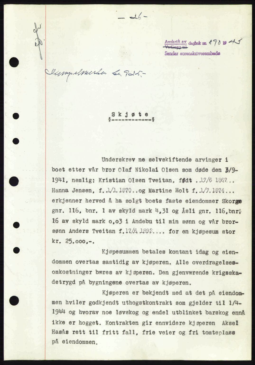 Jarlsberg sorenskriveri, SAKO/A-131/G/Ga/Gaa/L0013: Pantebok nr. A-13, 1942-1943, Dagboknr: 890/1943