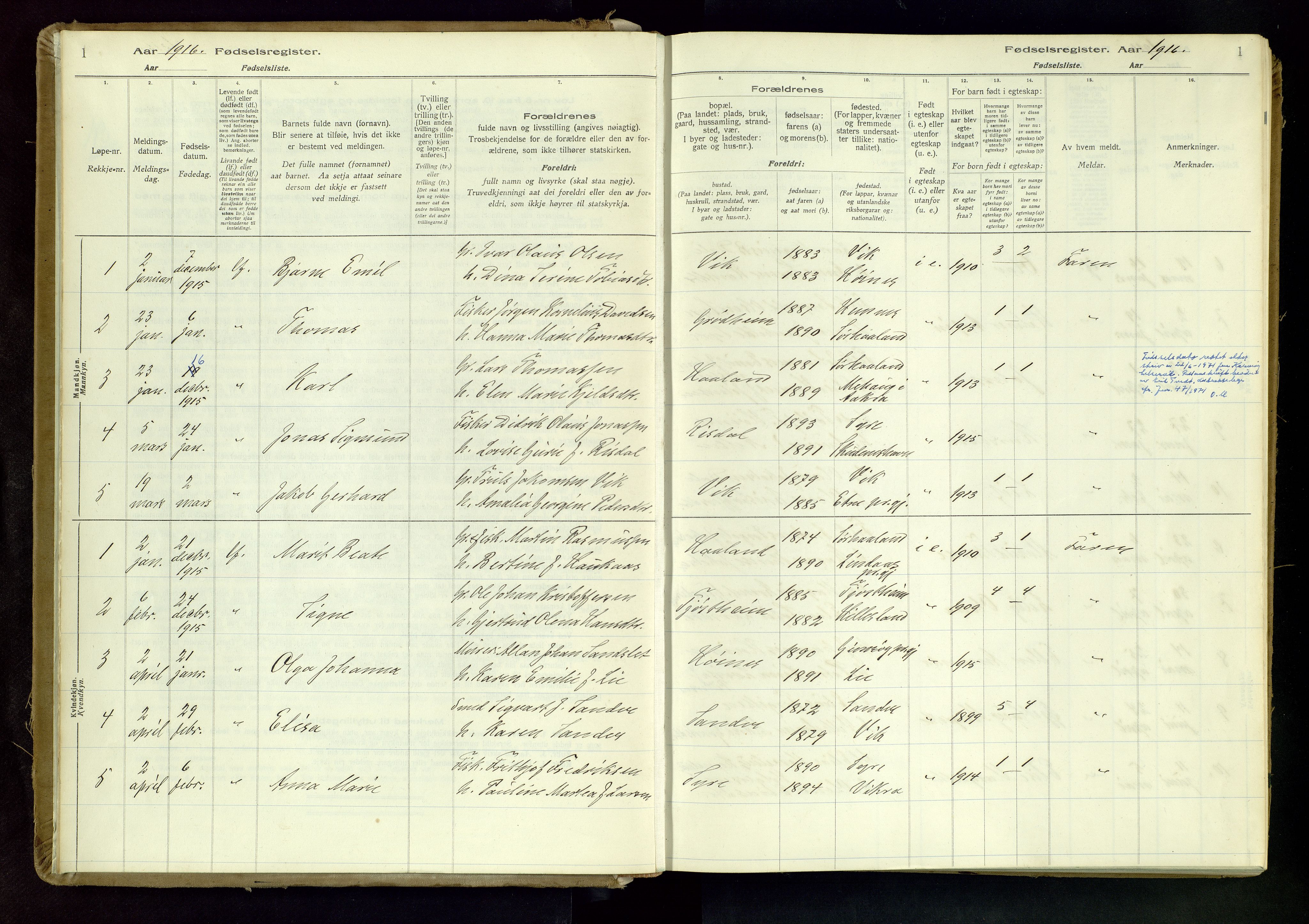 Skudenes sokneprestkontor, AV/SAST-A -101849/I/Id/L0001: Fødselsregister nr. 1, 1916-1964, s. 1