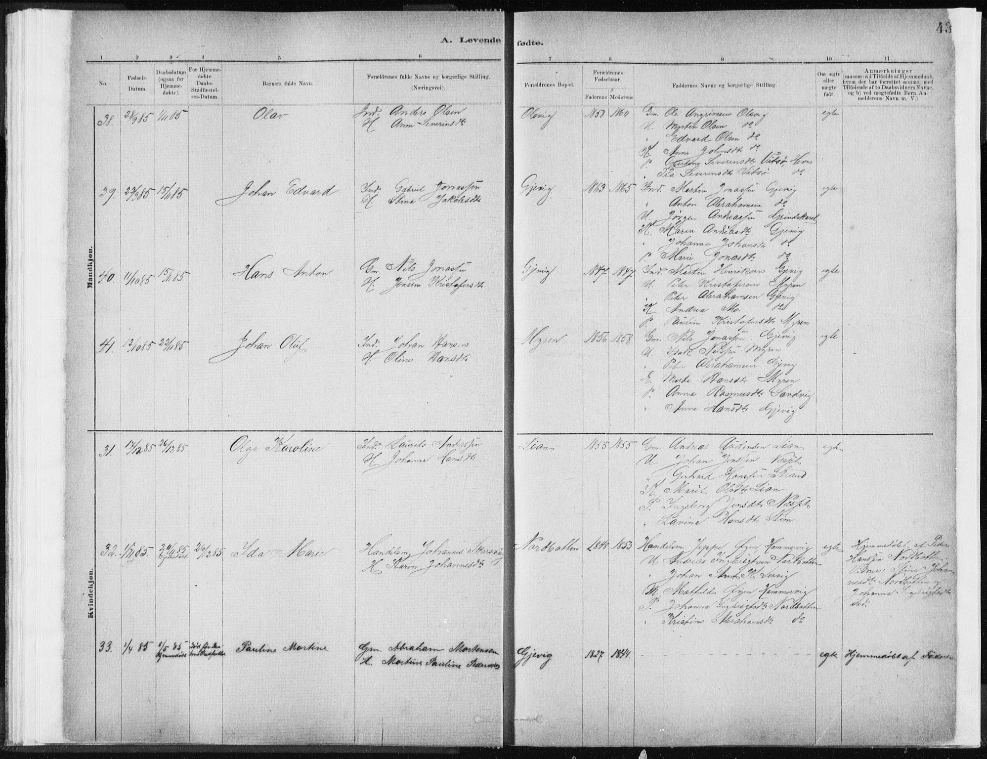 Ministerialprotokoller, klokkerbøker og fødselsregistre - Sør-Trøndelag, SAT/A-1456/637/L0558: Ministerialbok nr. 637A01, 1882-1899, s. 43