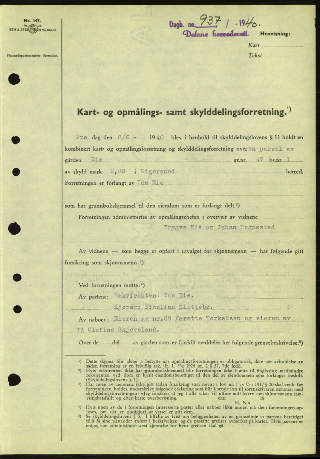 Dalane sorenskriveri, SAST/A-100309/02/G/Gb/L0044: Pantebok nr. A5, 1940-1941, Dagboknr: 937/1940