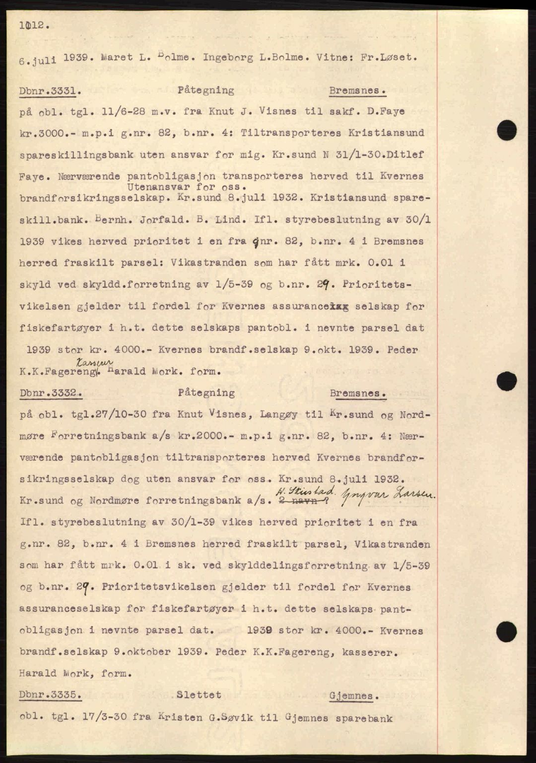 Nordmøre sorenskriveri, SAT/A-4132/1/2/2Ca: Pantebok nr. C80, 1936-1939, Dagboknr: 3331/1939