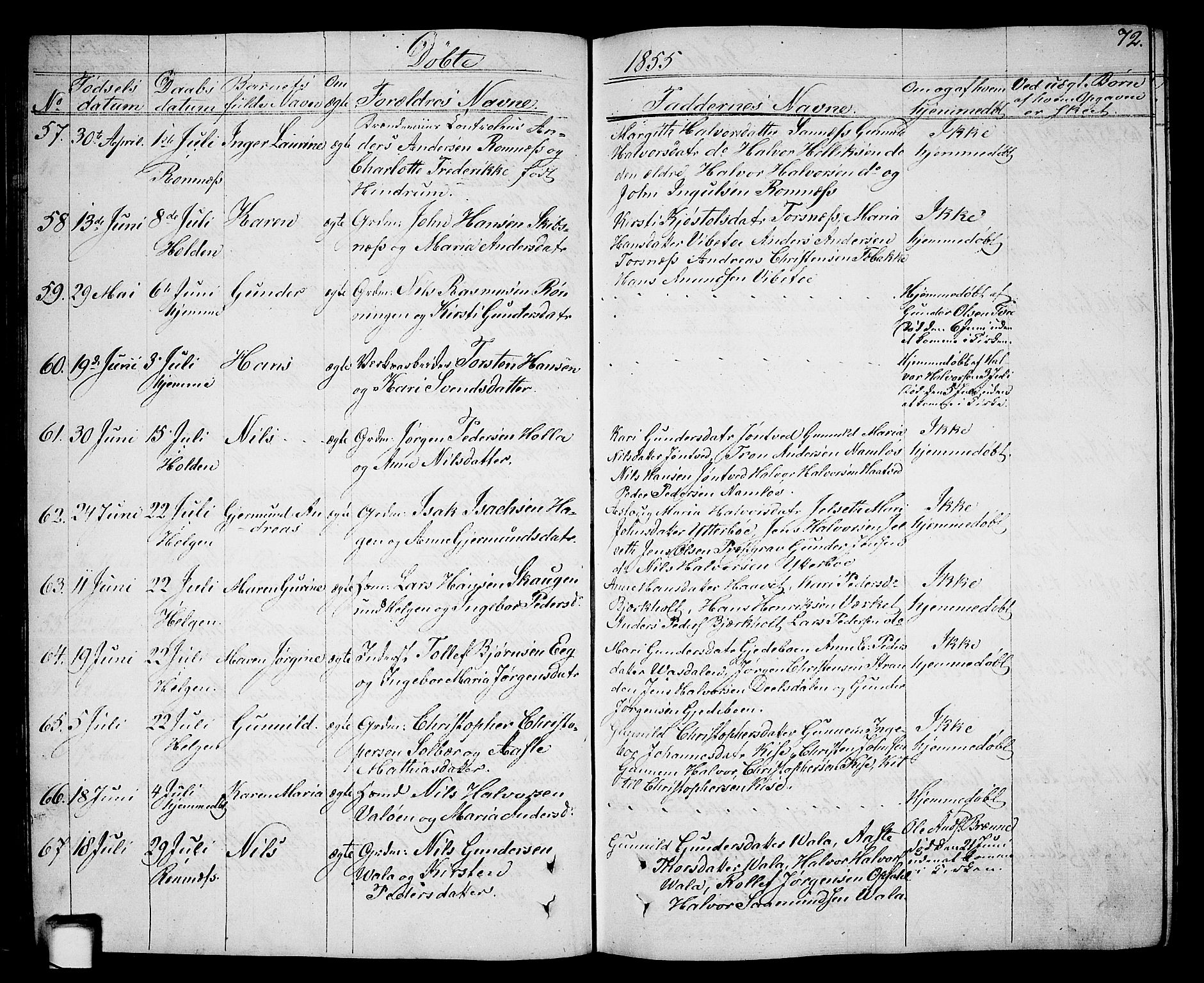 Holla kirkebøker, AV/SAKO-A-272/G/Ga/L0003: Klokkerbok nr. I 3, 1849-1866, s. 72