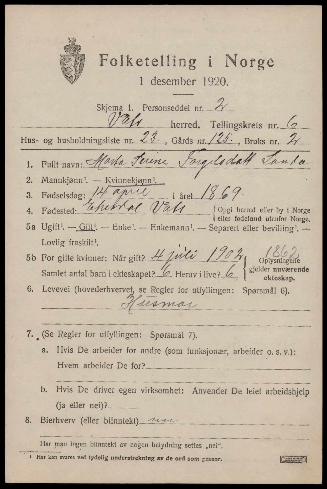 SAST, Folketelling 1920 for 1155 Vats herred, 1920, s. 2589