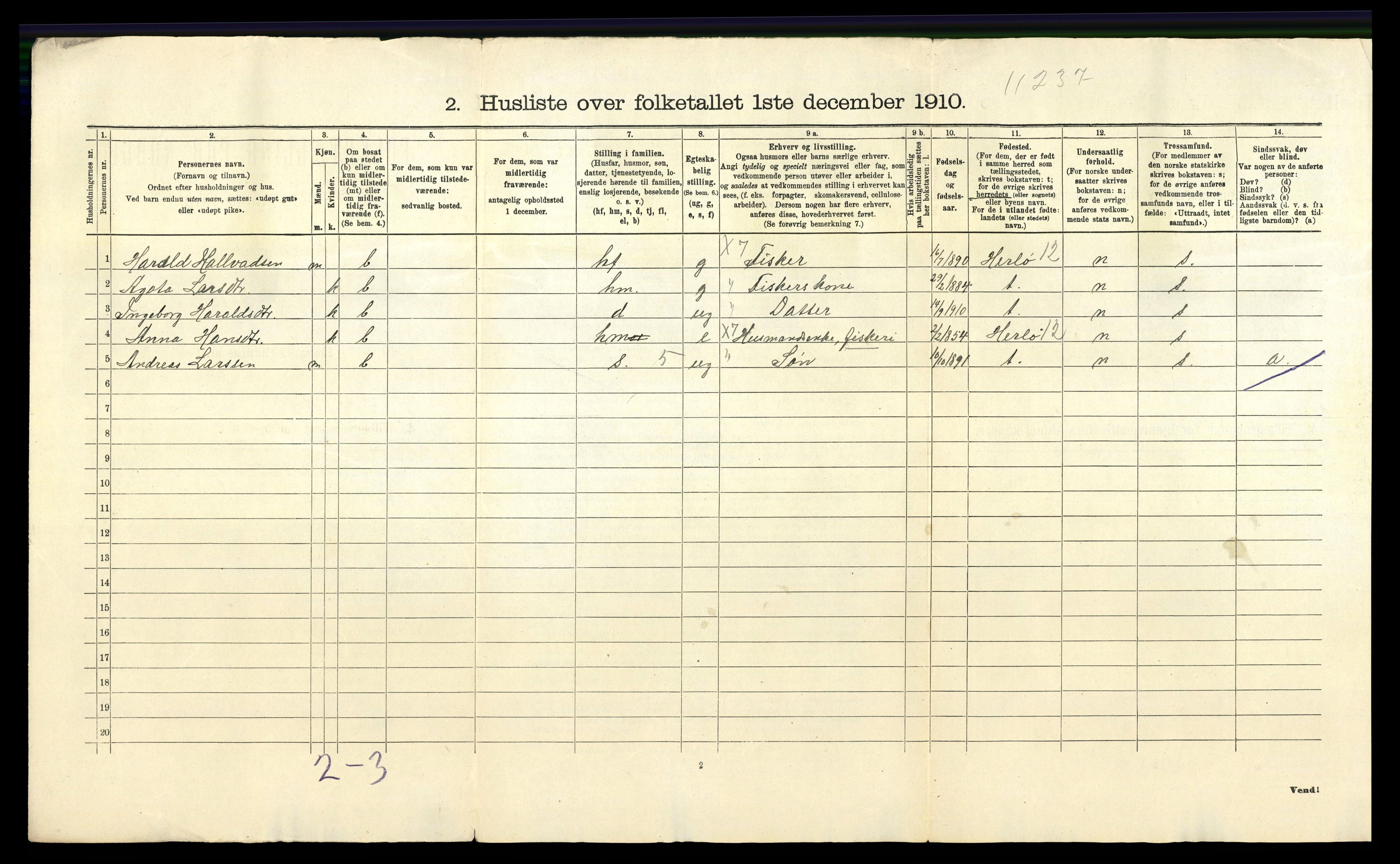 RA, Folketelling 1910 for 1259 Hjelme herred, 1910, s. 23