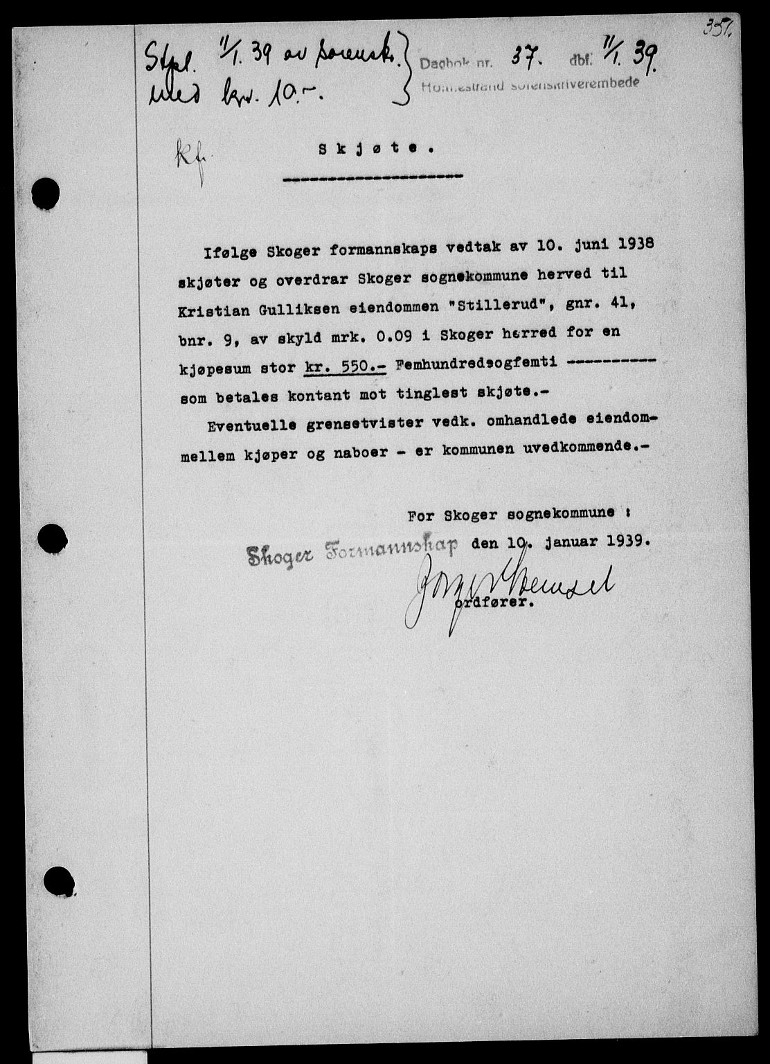 Holmestrand sorenskriveri, SAKO/A-67/G/Ga/Gaa/L0050: Pantebok nr. A-50, 1938-1939, Dagboknr: 37/1939