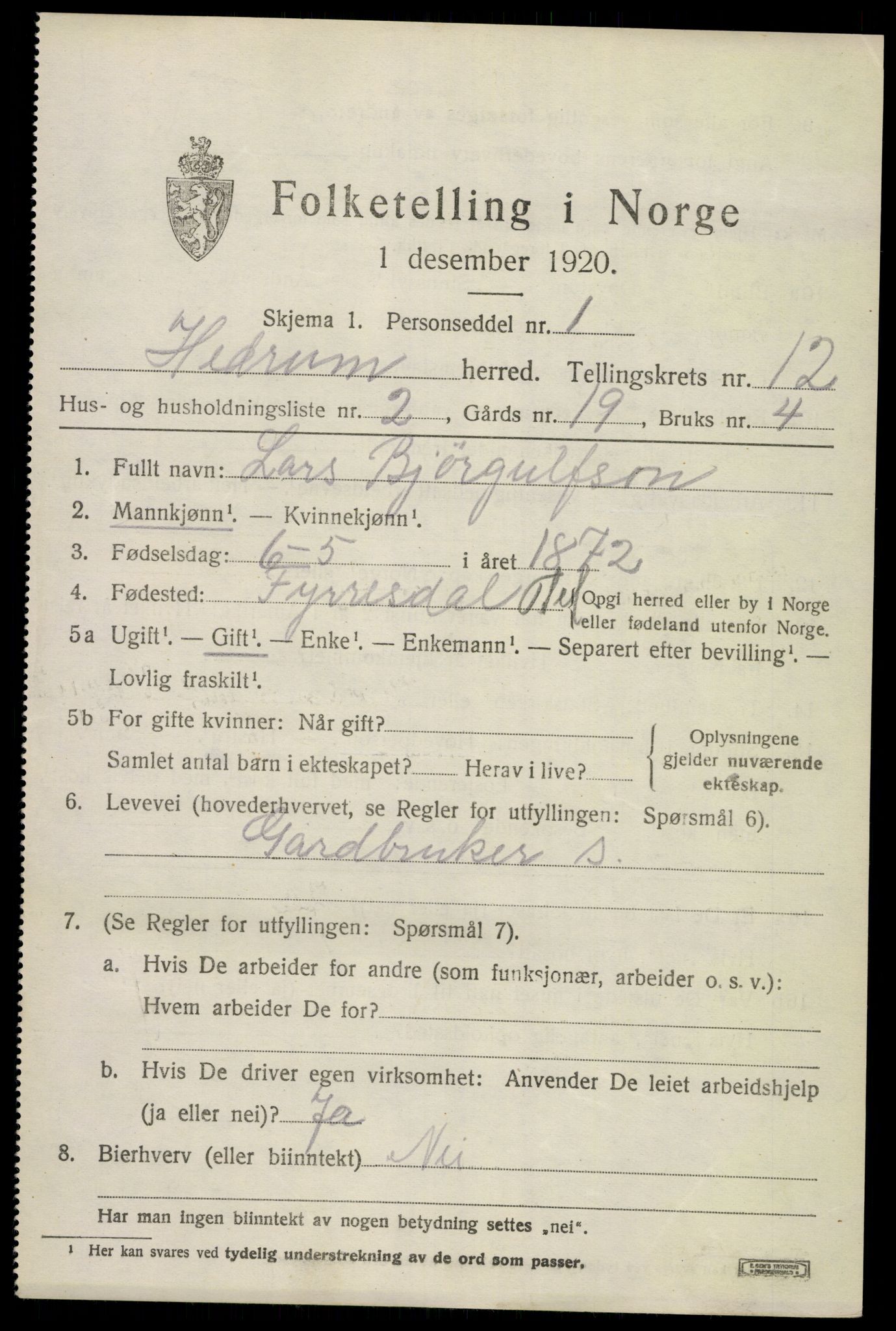 SAKO, Folketelling 1920 for 0727 Hedrum herred, 1920, s. 8033