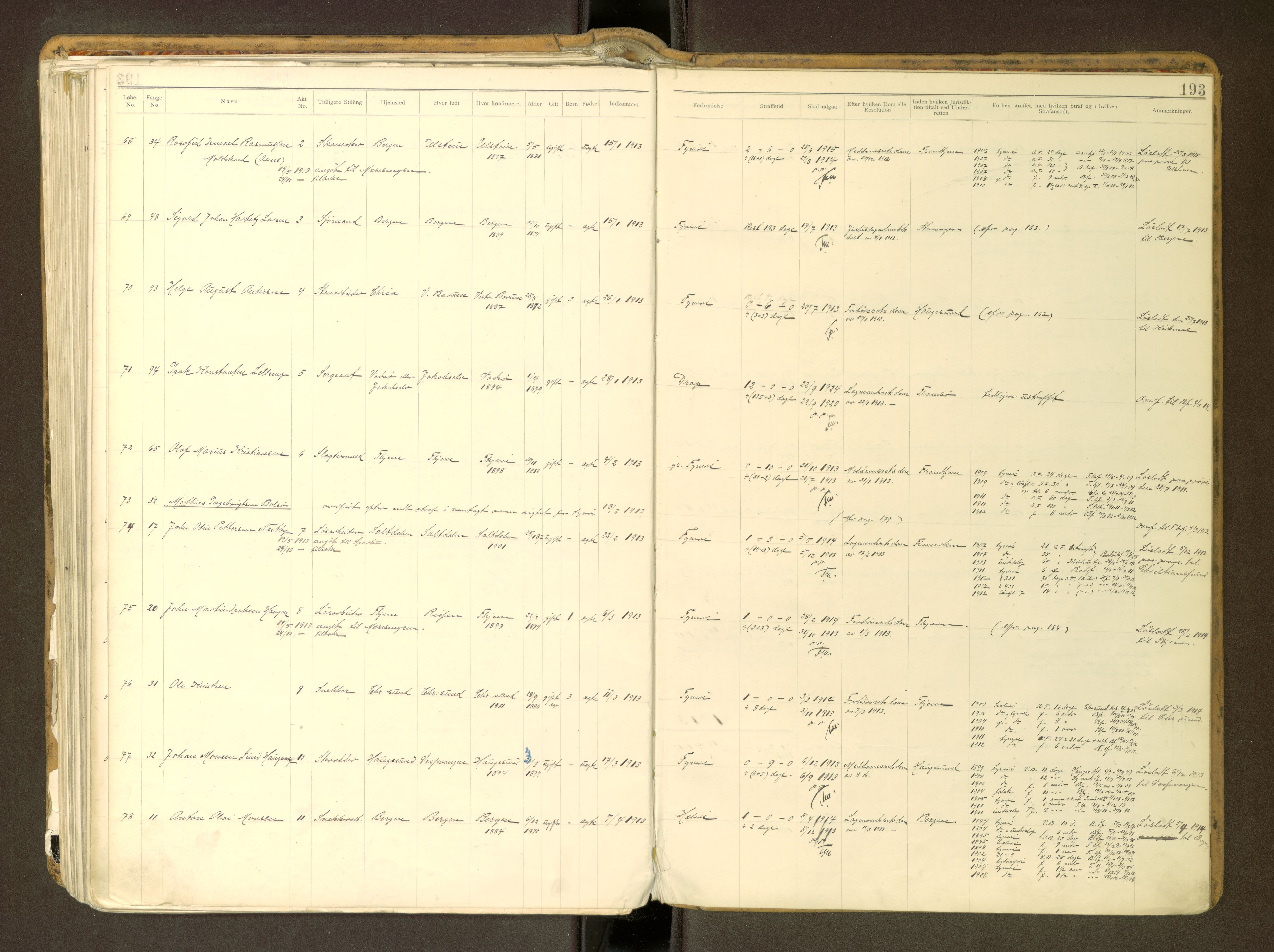 Trondheim tukthus, SAT/A-4619/05/65/L0037: 65.37 Fangeprotokoll m/reg, 1898-1914, s. 193