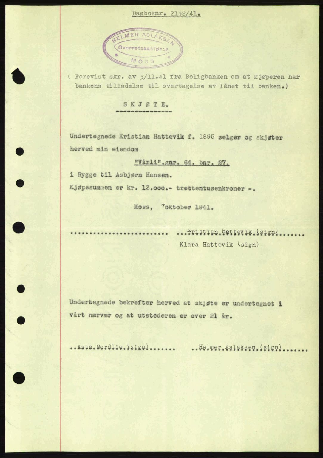 Moss sorenskriveri, SAO/A-10168: Pantebok nr. A9, 1941-1942, Dagboknr: 2132/1941