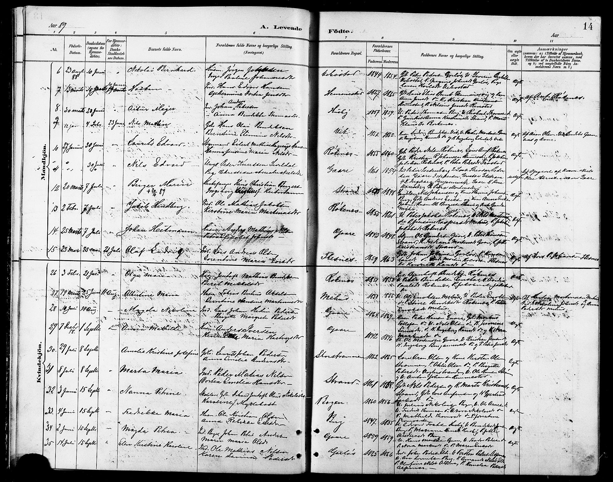 Kvæfjord sokneprestkontor, AV/SATØ-S-1323/G/Ga/Gab/L0005klokker: Klokkerbok nr. 5, 1886-1911, s. 14