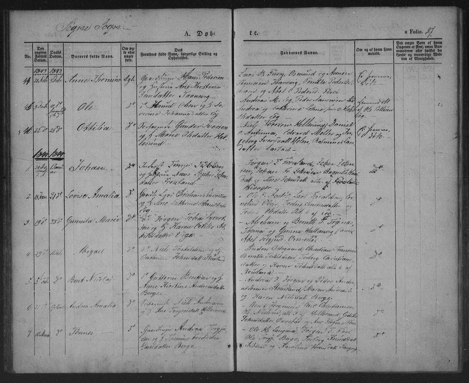 Søgne sokneprestkontor, SAK/1111-0037/F/Fa/Fab/L0009: Ministerialbok nr. A 9, 1838-1853, s. 27