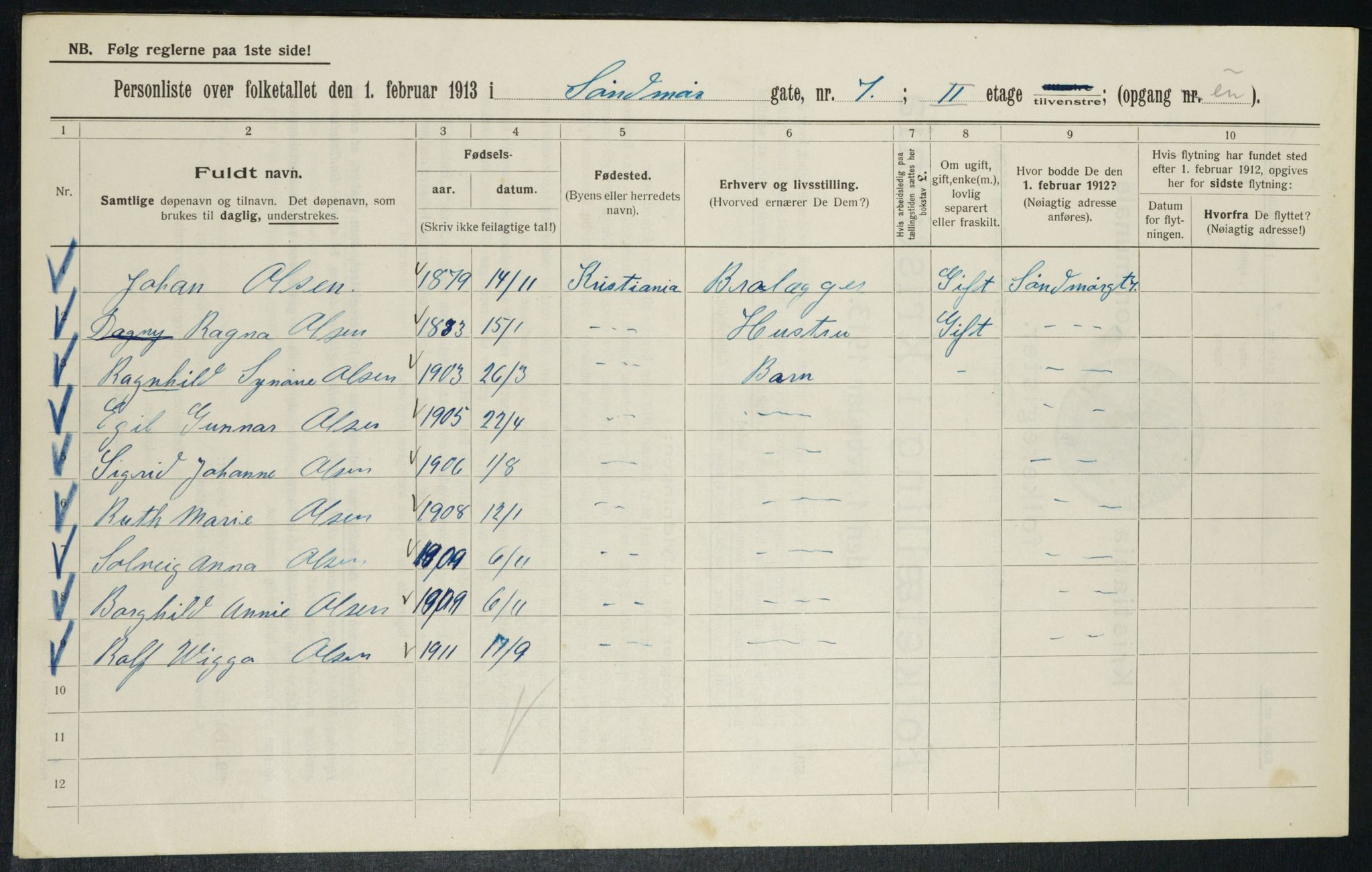 OBA, Kommunal folketelling 1.2.1913 for Kristiania, 1913, s. 104836